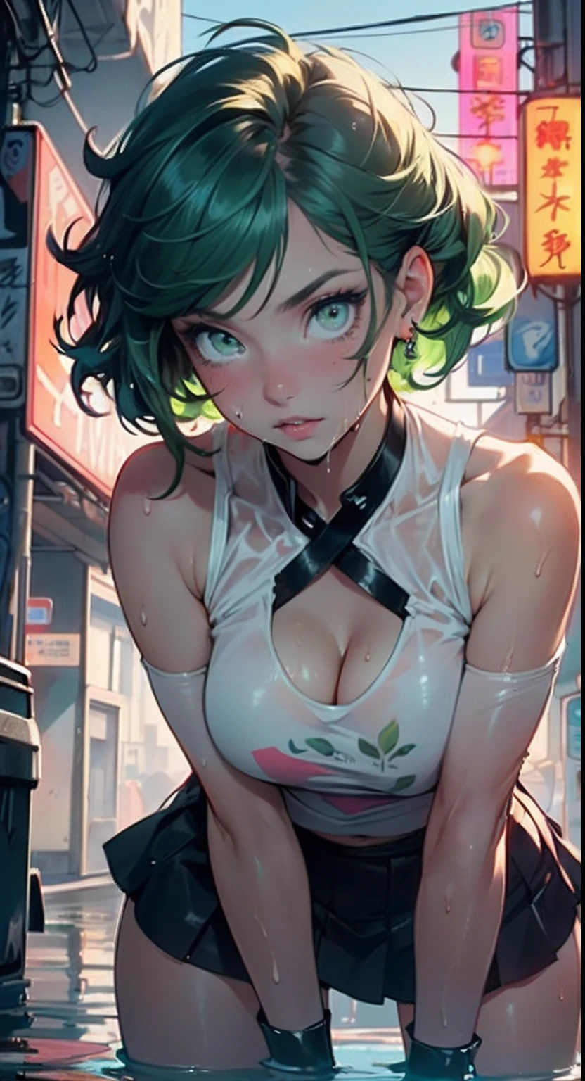 girl youtuber,(((1girl))),((extremely cute and beautiful green curly-haired anime girl)),

(short breasts:1.4),(((green curly hair:1.35,very curly hair,colored inner hair,ear breathing,short hair))),((green eyes:1.3,upturned eyes:1.3,perfect eyes,beautiful detailed eyes,rainbow glows ultra-detailed yellow green eyes:1.1,gradient eyes:1,finely detailed beautiful eyes:1,symmetrical eyes:1,big highlight on eyes:1.2)),((fat)),(((lustrous skin:1.5,bright skin: 1.5,skin tanned,shiny skin,very shiny skin,shiny body,plastic glitter skin,exaggerated shiny skin,illuminated skin,wet legs))),delicate detailed fingers,detailed body,human hands,(detailed face)),

cute,slutty,seductive,erotic,(((nsfw))),

zettai ryouiki,revealing clothing,show skin,((rave mini-skirt,visible thong straps,white loose tank top with an anime girl print)),((wet clothes,detailed outfit,detailed clothes)),

(dynamic pose:1.0),embarrassed,(centered,scale to fit dimensions,Rule of thirds),

cyberpunk city by the ocean at night, with bright neon signs and dark stormy clouds and puddles,

High resolution, sharp focus, (ultra detailed, extremely detailed), (photorealistic artwork:1.37), 8k wallpaper,((synthwave background theme)),((vibrant colors)),(intricate),masterpiece,(best quality),