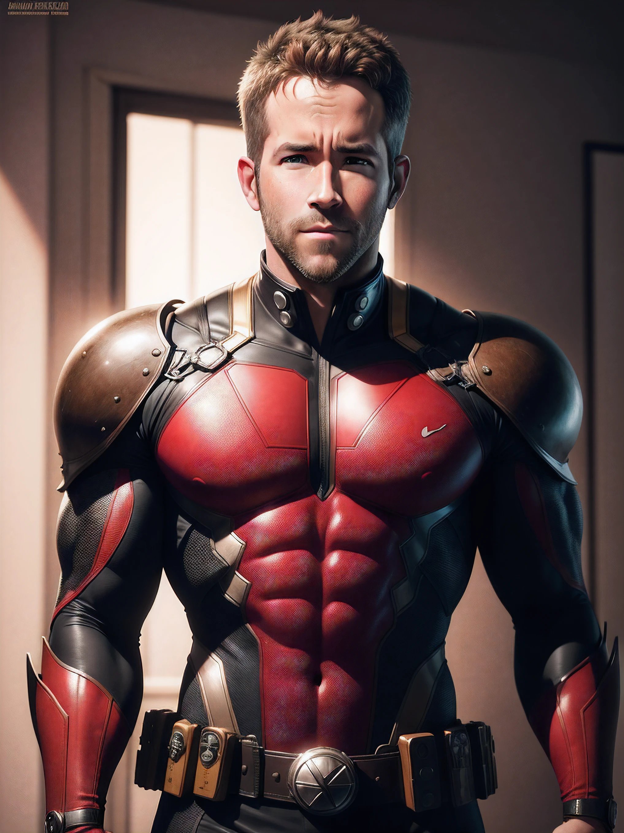 Um homem, inspirado em Ryan Reynolds, com traje de fuzileiro, fotorealista, autoretrato realista, imagem real, pele humana realista, inspirado em Ryan Reynolds.