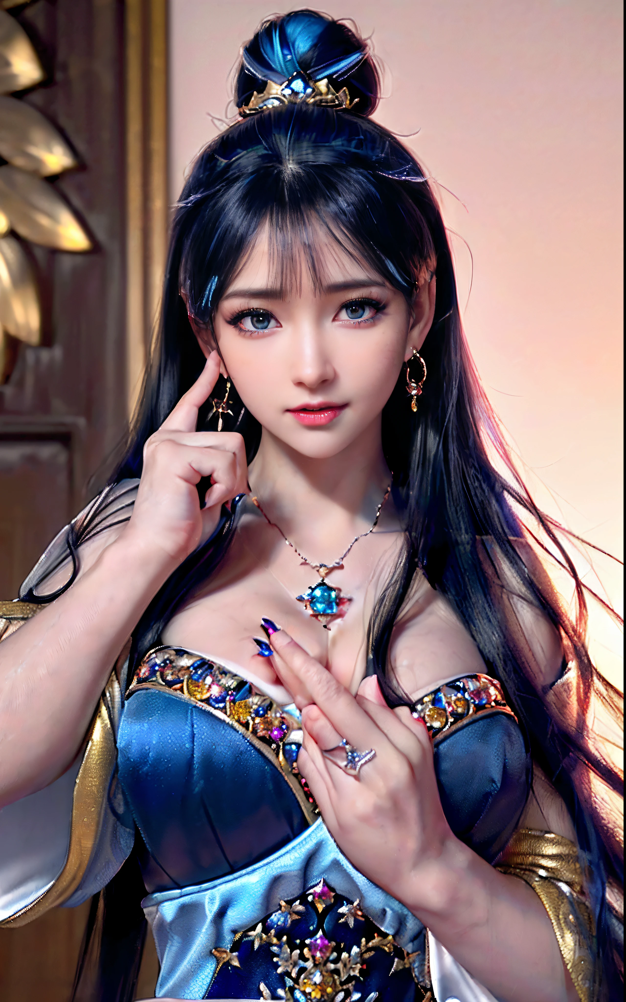 ((realisticity: 1.2)), ((realistic: 8K UHD)), ((best resolution: 8K UHD)), hyper detailed, best quality,masterpiece,highres,cg, ((1 girl hyper detailed and hyper realistic) ) , ((beautiful queen, hyper realistic and hyper detailed)),((white skin, beautiful, smooth, youthful, hyper realistic and hyper detailed )), ((Face hyper beautiful, white, hyper realistic and hyper detailed ) ), long hair, ((hyper realistic and hyper detailed dress)), solo, ((hyper realistic, hyper beautiful, beautiful and hyper detailed jewelry)), ((hyper beautiful deep red and golden yellow dress, hyper realistic and hyper detailed )) , ((Her pretty, hyper realistic, hyper detailed diamond filled earrings)), ((Her gorgeous diamond haircut, hyper realistic and hyper detailed)), ((hyper pretty upper body, hyper beautiful, hyper realistic and hyper detailed) ), ((medium breast: 1.1)), ((hyper realistic, hyper pretty, hyper detailed boobs)), ((the backgroun of the royal palace is hyper majestic, hyper realistic and hyper detailed)),((hands and palms hyper beautiful, hyper detailed, hyper realistic)), ((hyper detailed and hyper realistic fingers and fingernails)), ((hyper pretty fingernails, hyper vivid, hyper detailed, hyper realistic)), ((thumb, index finger, middle finger, ring finger, little finger hyper vivid, hyper pretty, hyper detailed, hyper realistic)),
((hyper beautiful fingers, hyper detailed, and hyper realistic)), ((posture not too fat and not too thin, hyper realistic, hyper detail)), ((hyper pretty, hyper pretty, hyper realistic and hyper detailed hair bun)), ((hyper pretty , hyper realistic and hyper detailed blue hair)), candid, Photo, high resolution, 8k , bokeh,