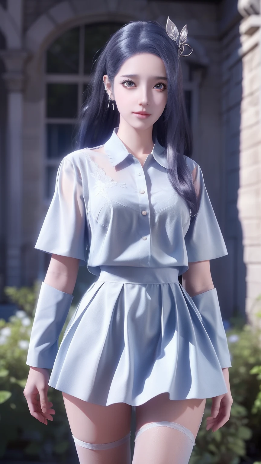 Arad woman posing for photo in short skirt and white shirt, Surrealism female students, Surrealism female students, Realistic schoolgirl, photorealistic anime girl rendering, thighhighs and skirt, 3 d anime realistic, small curvaceous loli, wearing skirt and high socks, Photorealistic anime, cute female student, Realistic anime 3 D style, female student