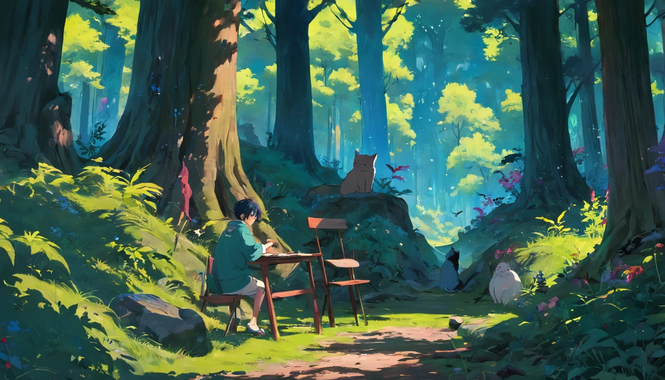 A scene showing a man painting in the forest, Surrounded by some cats, This person is drawing a bird, A1 scale, Painted style, a lot of tree, People make up one-tenth of the picture, And there are a lot of paintings painted on the spot, Some hang from trees, Some lean into the distance
