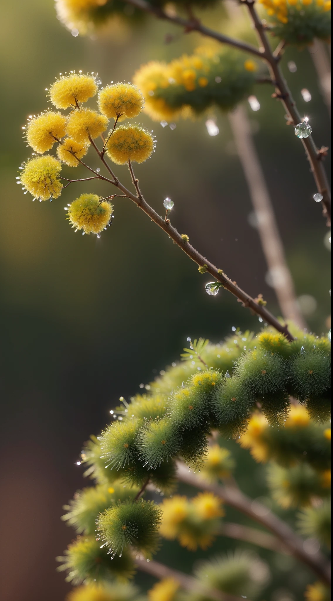 Acacia foliage, Fluffy mimosa vagina, water drops, bokeh, Mossy background, Warm, muted, tonesSplendor, Colorful, Amazing photography, photo-realism, ultra - detailed, 4K, depth of fields, A high resolution, film grain, macro