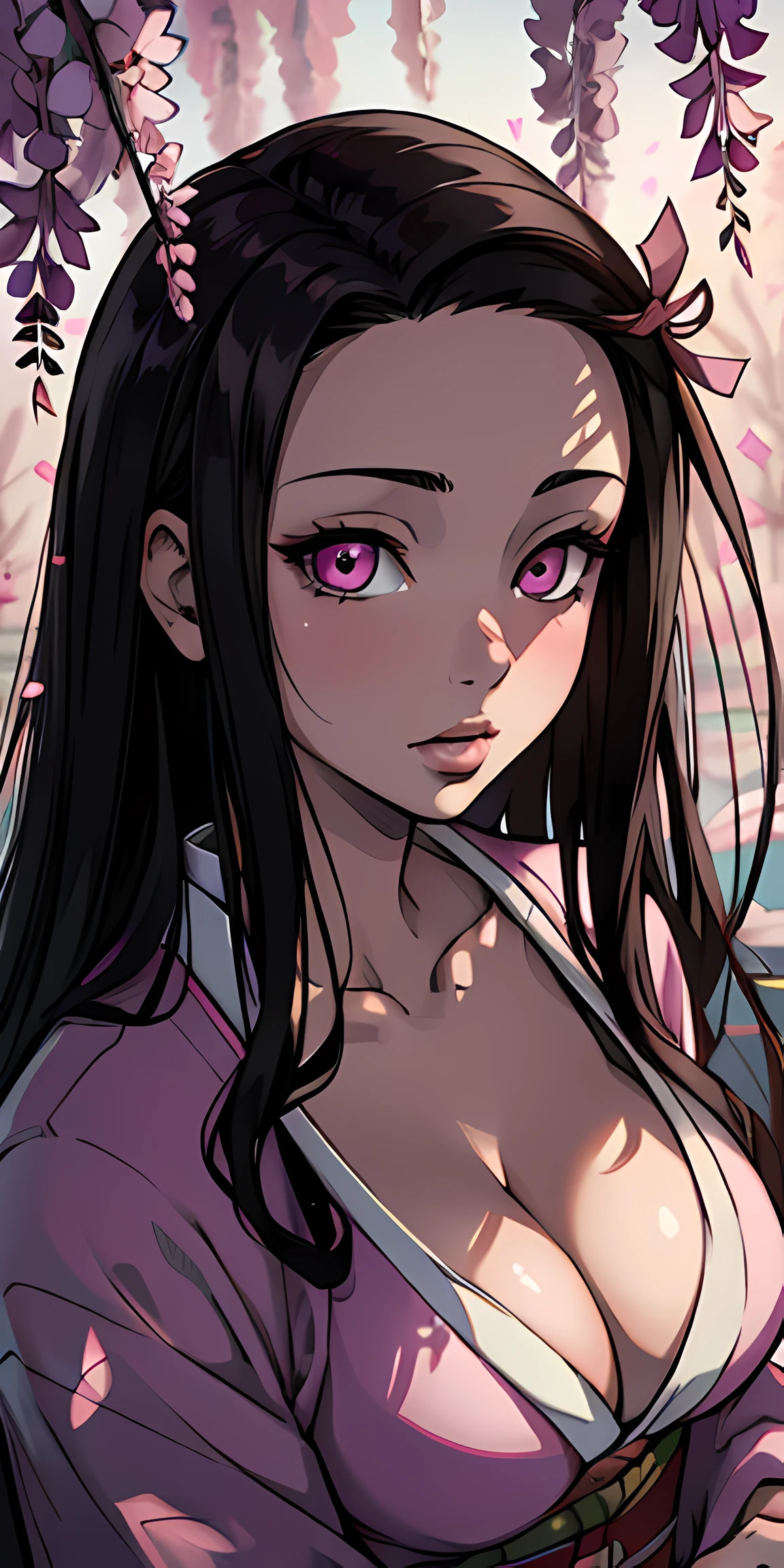 masterpiece, (pink kimono), seductive face, good lighting, cleavage, fine detail, masterpiece, glowing eyes, 1girl, black hair, sucking, nezuko kamado, wisteria background, masterpiece, best quality, pov,,