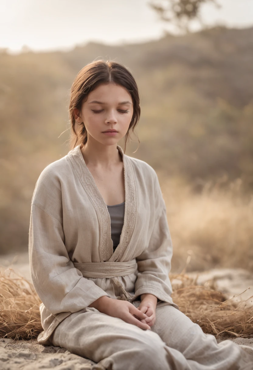 Create an 8k image of a 12-year-old girl meditating in a serene, well-lit, neutral room. She sits relaxed on the floor, eyes closed, deep in thought. She is wearing a sweatshirt, Capture a raw, detailed, realistic essence with a Sony camera, resembling a clothing brand's campaign images.