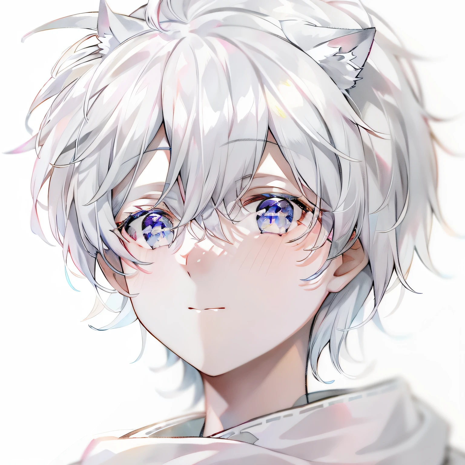 Anime boy with white hair and blue eyes in a white cape, white fox anime, White-haired fox,a gorgeous,With headphones with a mouth
