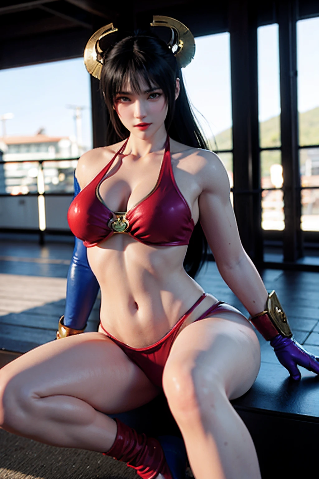A woman in a sexy blue bikini top, with their marked private parts and red and yellow gloves, Retrato de Chun - Li, Chun - Li, Chun-Li, Chun Li, Retrato de Chun Li, chun li at the gym, personagem de jogo de luta, Artgerm extremamente detalhado, Modelo IG | Artgerm, Wojtek FUS, Pose de lutador, 3 d render arte do caractere 8 k