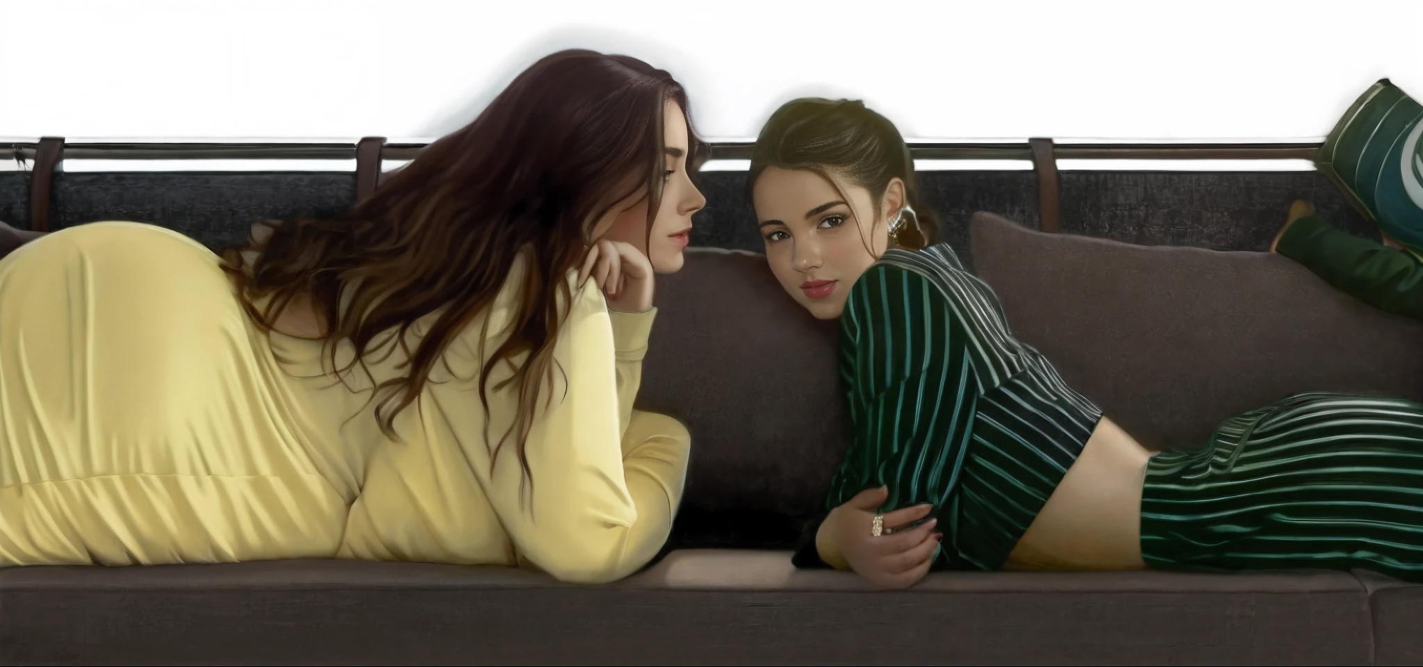 There are two women lying on a sofa cross-legged, on a couch, girls resting, realistic artistic style, Alena Aenami y Lilia Alvarado, dos chicas, Arte digital. @Mariomaniacdude, Conversando tranquilamente 8K, sitting on the couch, sitting on the couch, Charli Bowater y Artgeem, sitting on a sofa