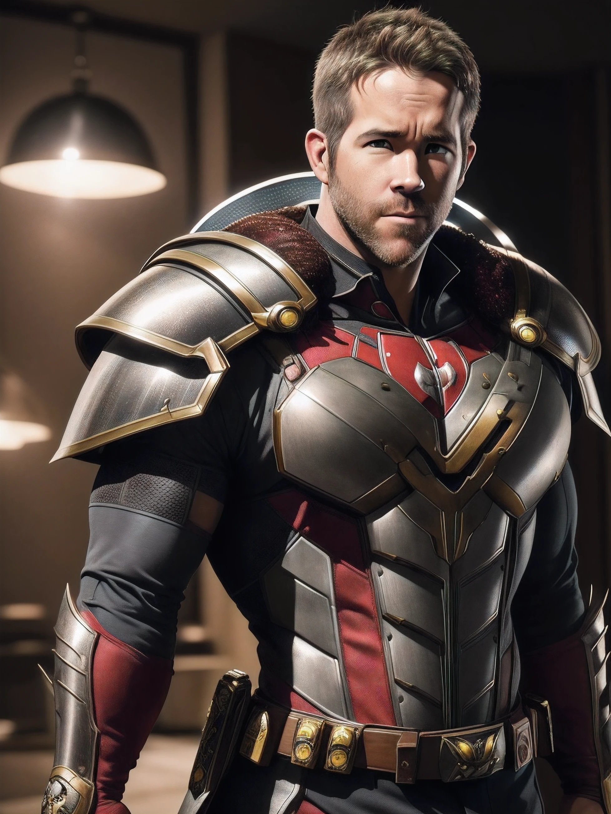 Um homem, inspirado em Ryan Reynolds, (((com traje de armadura de fuzileiro))), fotorealista, autoretrato realista, imagem real, pele humana realista, inspirado em Ryan Reynolds.