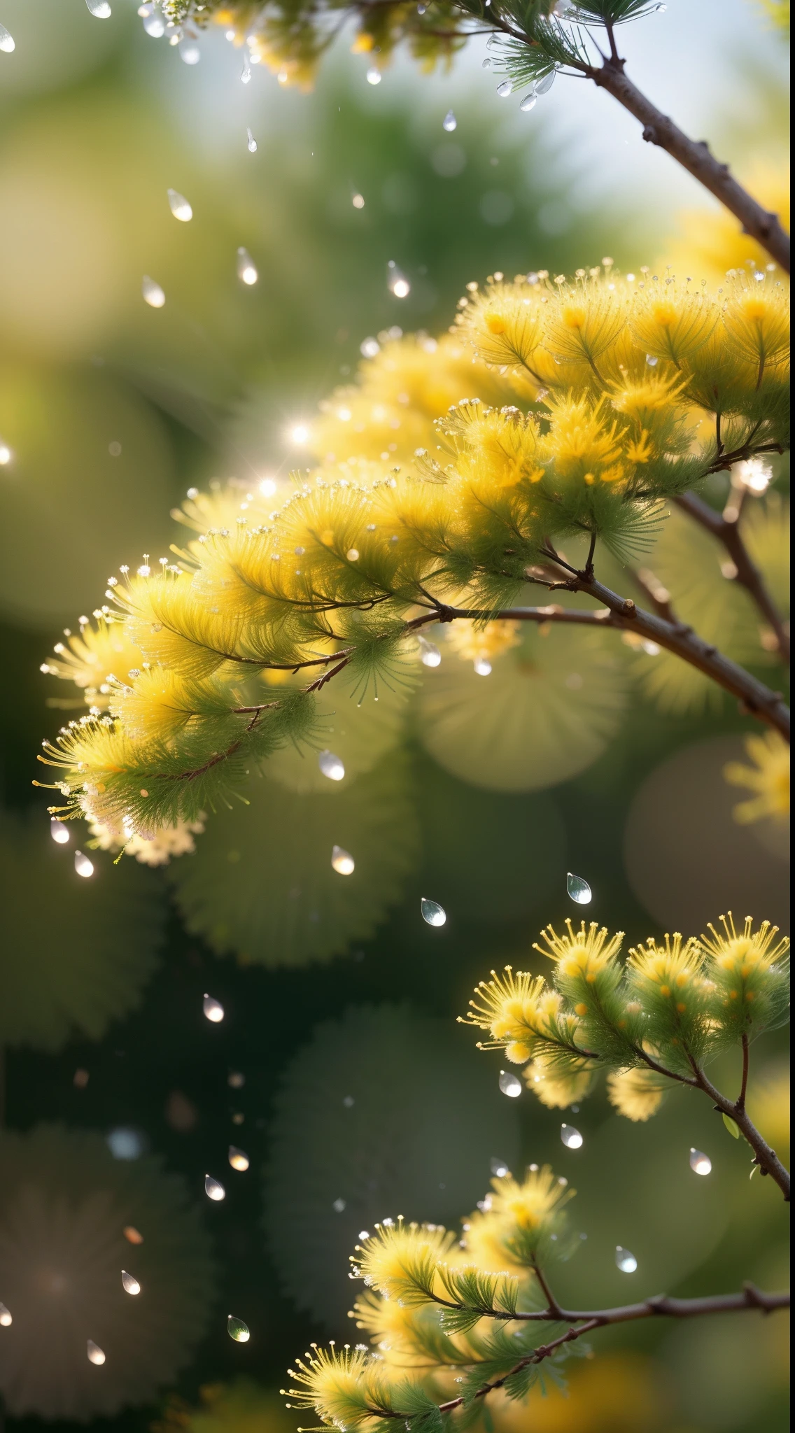 Acacia foliage, Fluffy mimosa vagina, water drops, bokeh, Mossy background, Warm, muted, tonesSplendor, Colorful, Amazing photography, photo-realism, ultra - detailed, 4K, depth of fields, A high resolution, film grain, macro