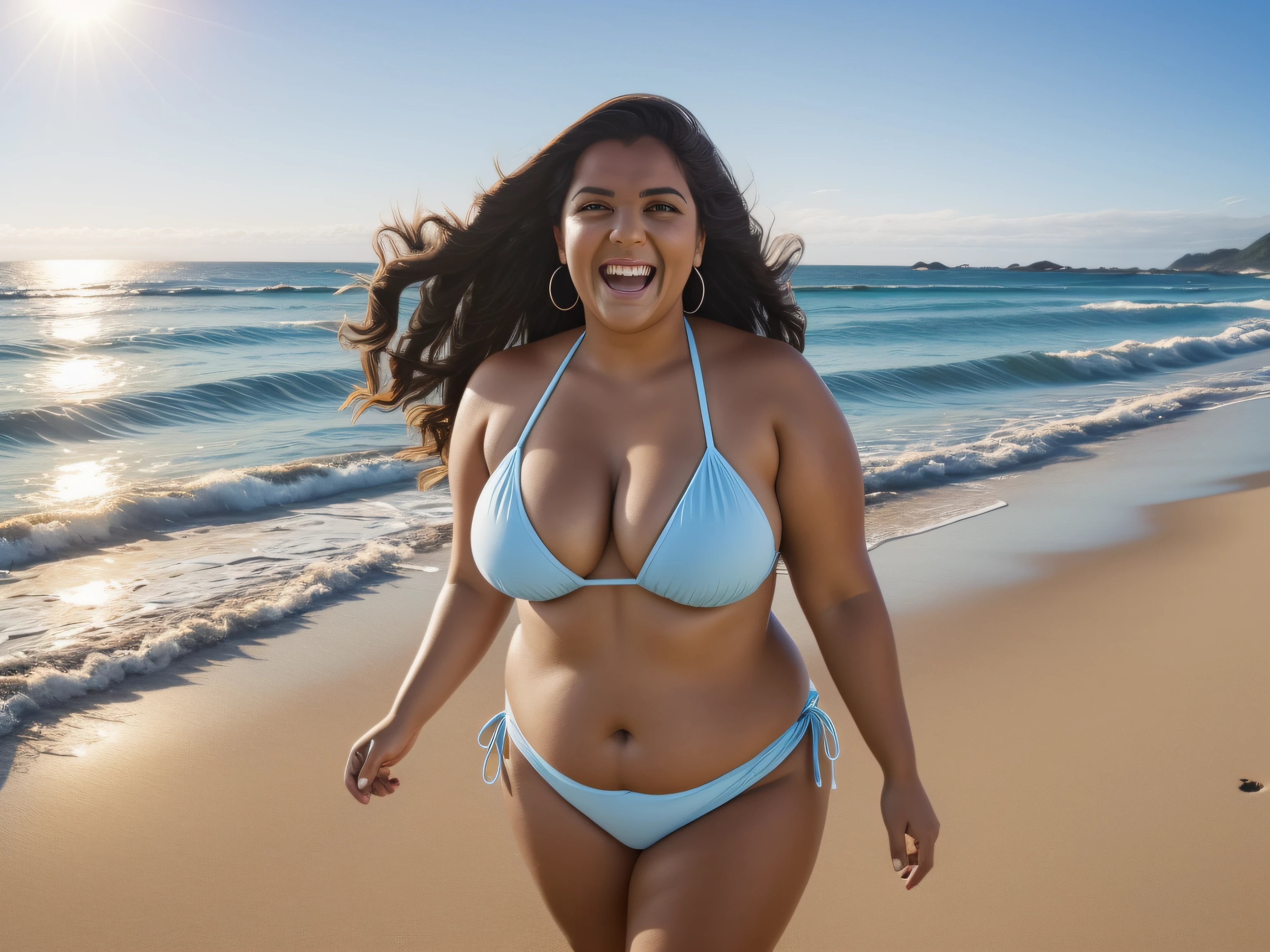 Happy woman with expression of surprise. Bonita, 30 anos de idade, discretamente chubby woman, usando bikini e um vestido leve e transparente na praia, Sunny scenery, luz do meio dia, pessoas ao fundo, outras pessoas andando pela praia, lente 35mm, ultra realista, ricamente detalhado, highes definition, alta resolução. Imagem motivadora, imagem inspiradora, Good vibes, alegria.