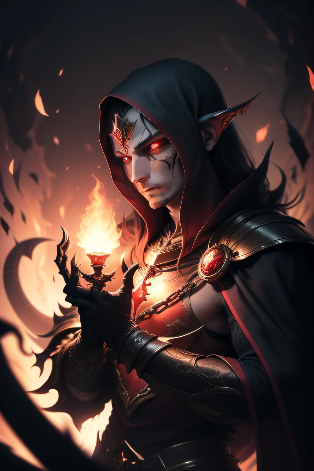 male, solo, black skin, goblin, black goblin, red cap goblin, big ears, Red eyes, glowing red eyes, (Realistic eye details 1.2), long crimson phrygian cap, black sharp crown, V0id3nergy, abs, pecks, hunched over, leaning over, masculine, big sharp tooth smile, crazy smile, sharp teeth, staring at viewer, Masterpiece, dramatic lighting, soft lighting, day, highly detail, cartoon style, big head, round head, shirtless