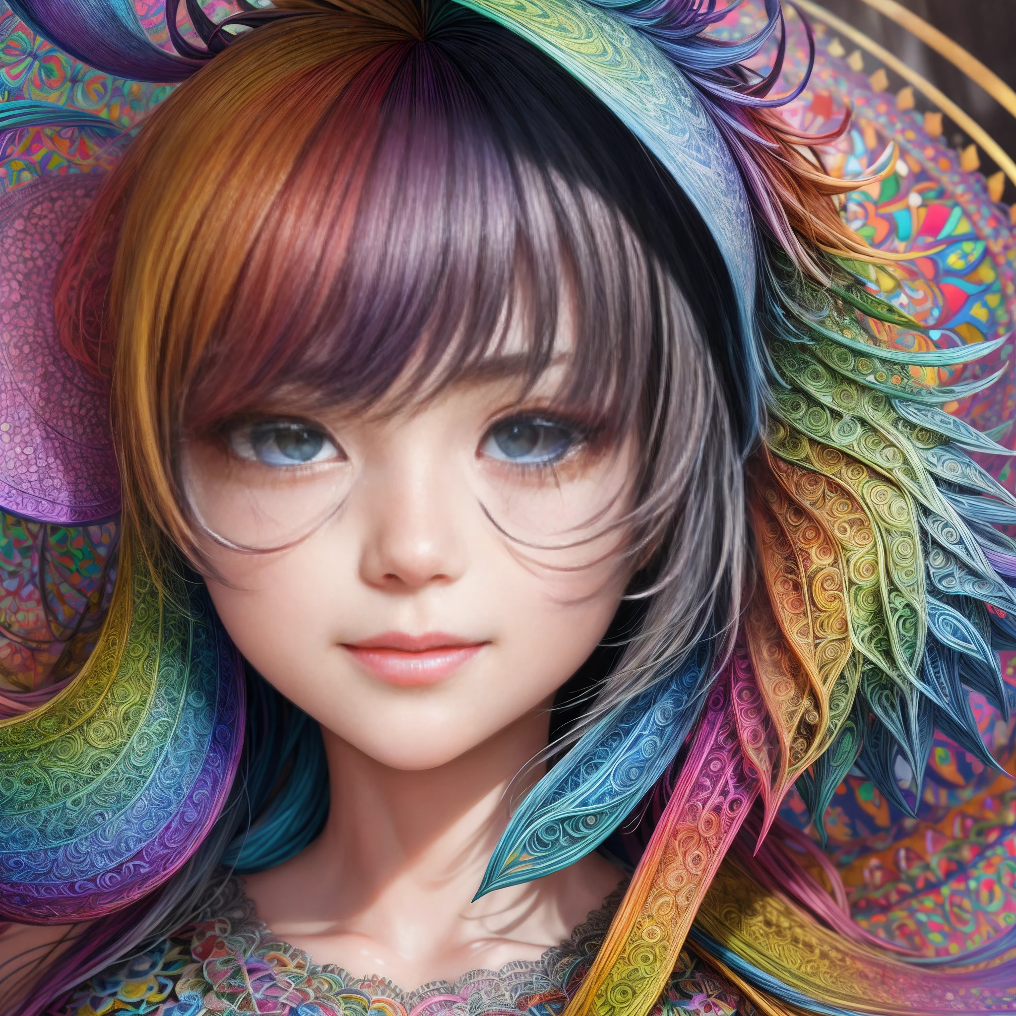 Rainbow Colors theme，paper art，masutepiece，3d rendered，ighly detailed, in autumn，1girll, closing eye，ssmile，cabelos preto e longos，lilies, (Zentangle:1.2), (Geometry:1.2)，cinematic lighting effect，4K, colourfull, profile