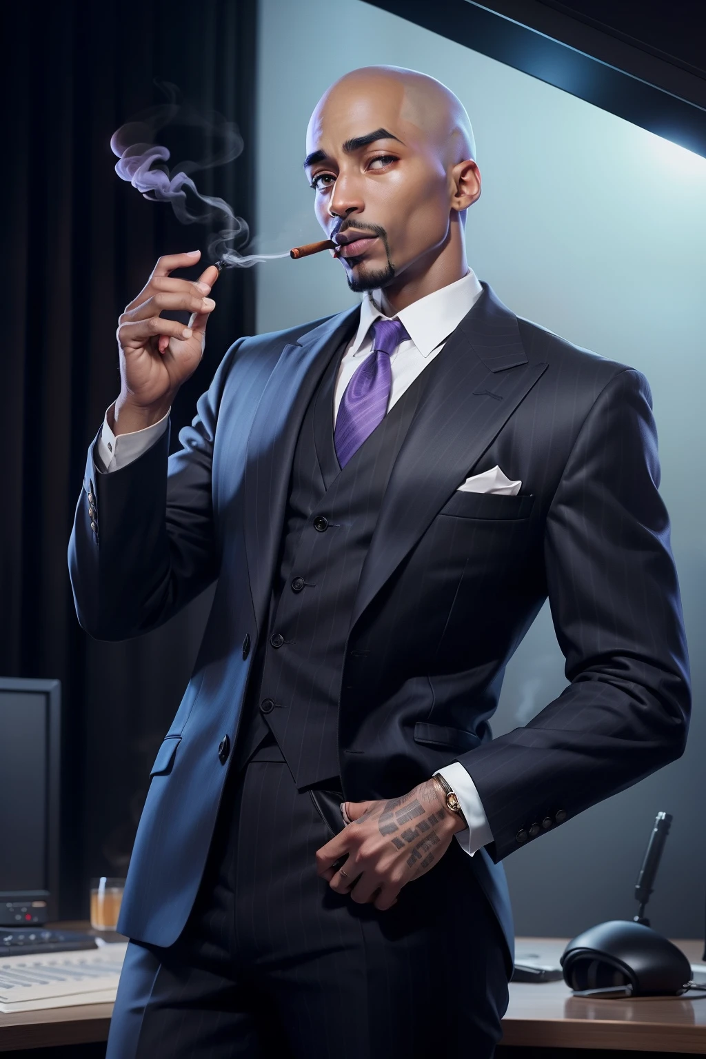 a man
like Tupac Shakur wearing black striped suit, bald head, black leather dress shoes, holding glass of wine, smoking cigar, wearing headphones, in large dark recording studio, light blue and purple neom lights