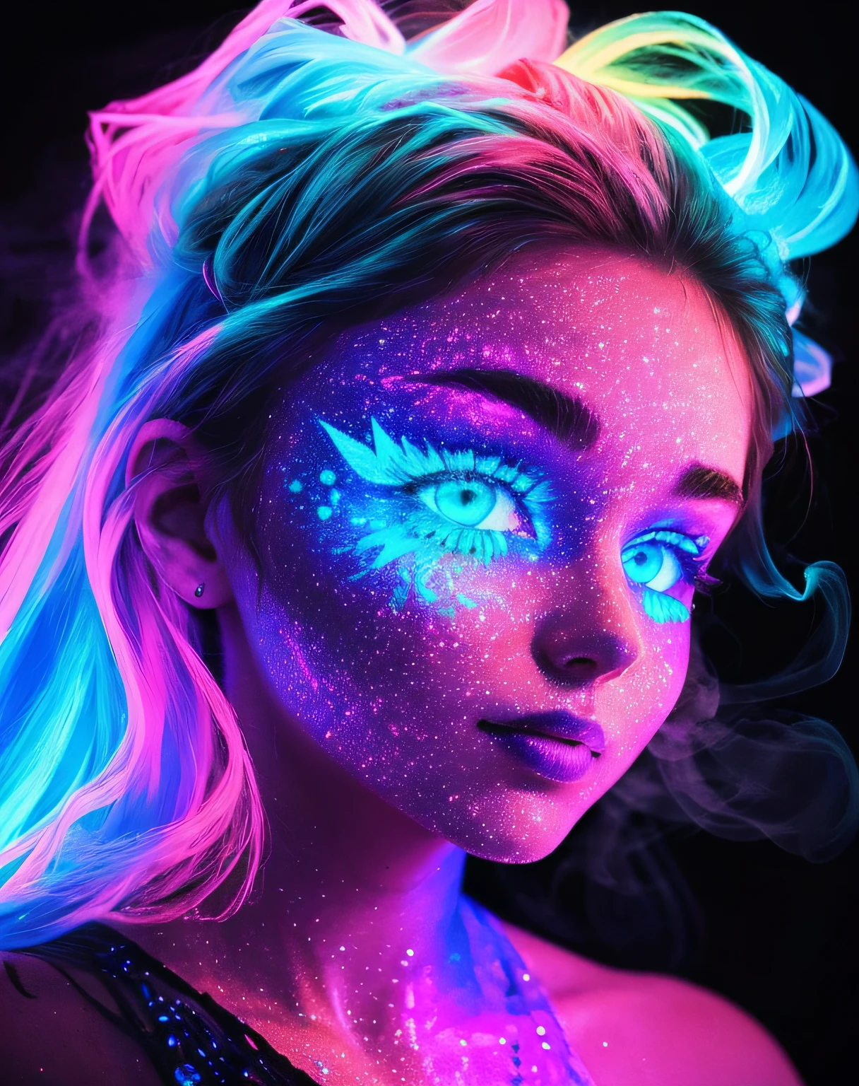 Blacklight at a girls face , close up ,colorful , glowing eyes , beautiful face ,very beautiful , artistic glowing smoke blended with the hair