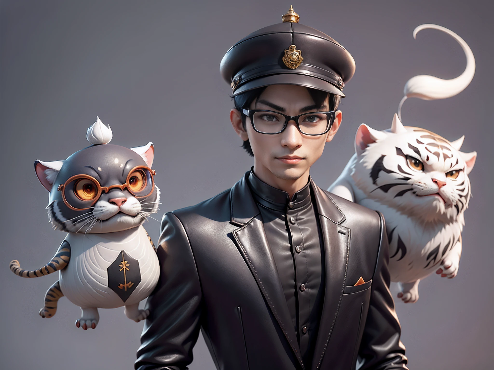 Young man with oriental face in leather hat, tiger, oriental face in formal suit, short black hair, silver glasses, digital painting, 3D character design by Mark Clairedon and Pixar and Hayao Miyazaki and Akira Toriyama, the illustration is a high-definition illustration in 4K resolution with very detailed facial features and cartoon-style visuals.