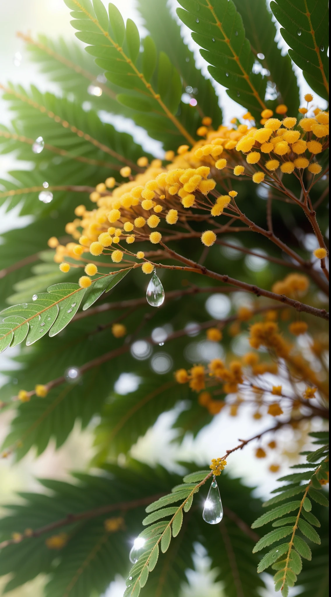 Acacia foliage, Fluffy mimosa vagina, water drops, bokeh, Mossy background, Warm, muted, tonesSplendor, Colorful, Amazing photography, photo-realism, ultra - detailed, 4K, depth of fields, A high resolution, film grain, macro
