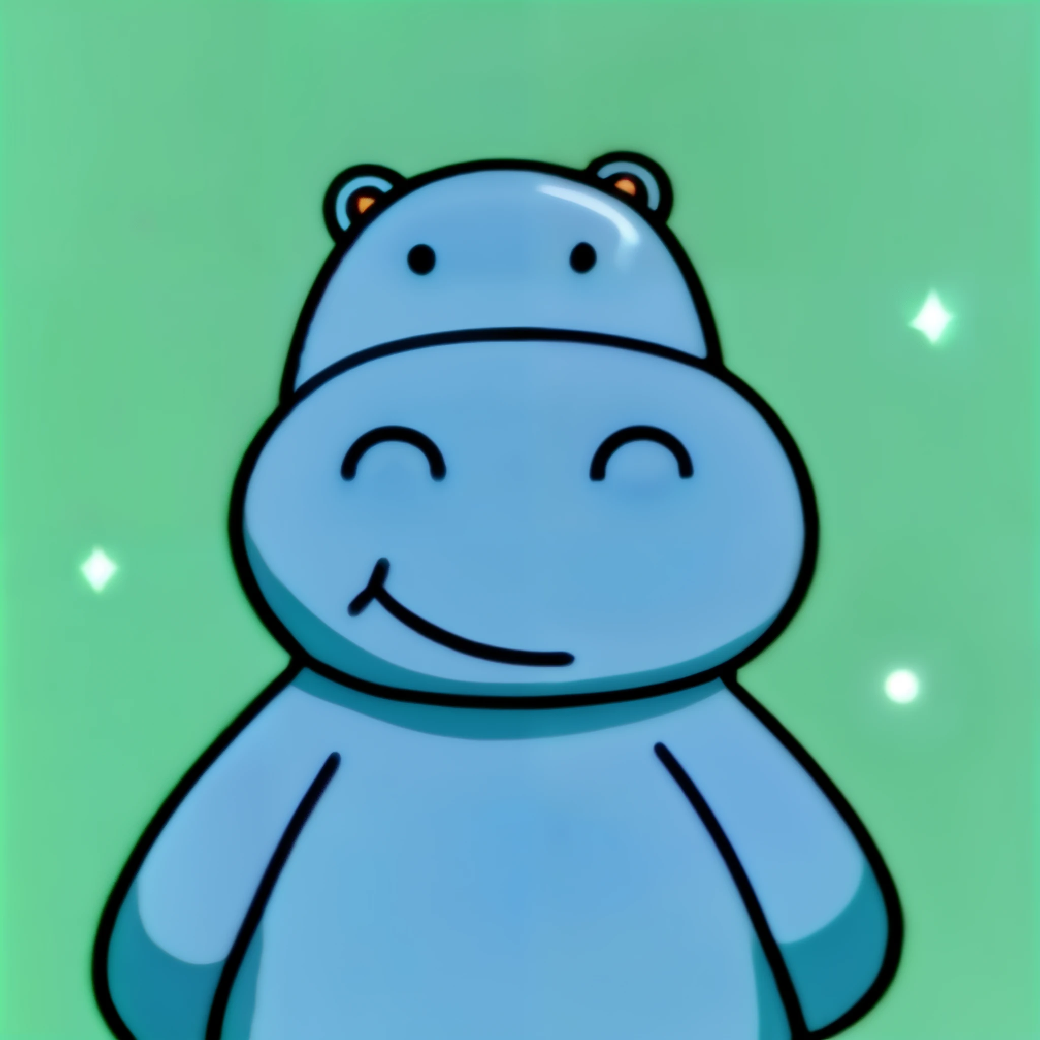 Cartoon hippopotamus close-up on green background, hippo face morphed, telegraph stickers, hippo, blue chrome top hippo body, Cartoon Cute, Simple cartoon style, super cute and friendly, telegraph stickers design,