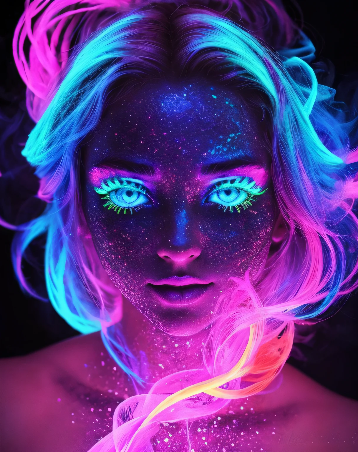 Blacklight at a girls face , close up ,colorful , glowing eyes , beautiful face ,very beautiful , artistic glowing smoke blended with the hair