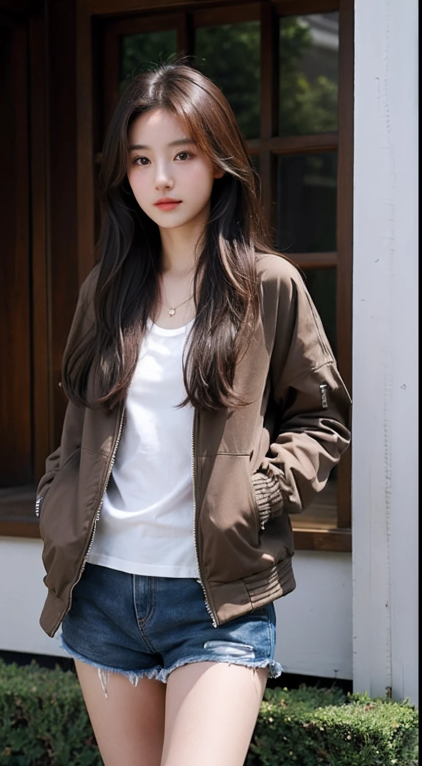 masutepiece, Best Quality, Ultra-detailed, Realistic face, 1girl in, long brown hair, Wearing a jacket, Shorts、outside of house、