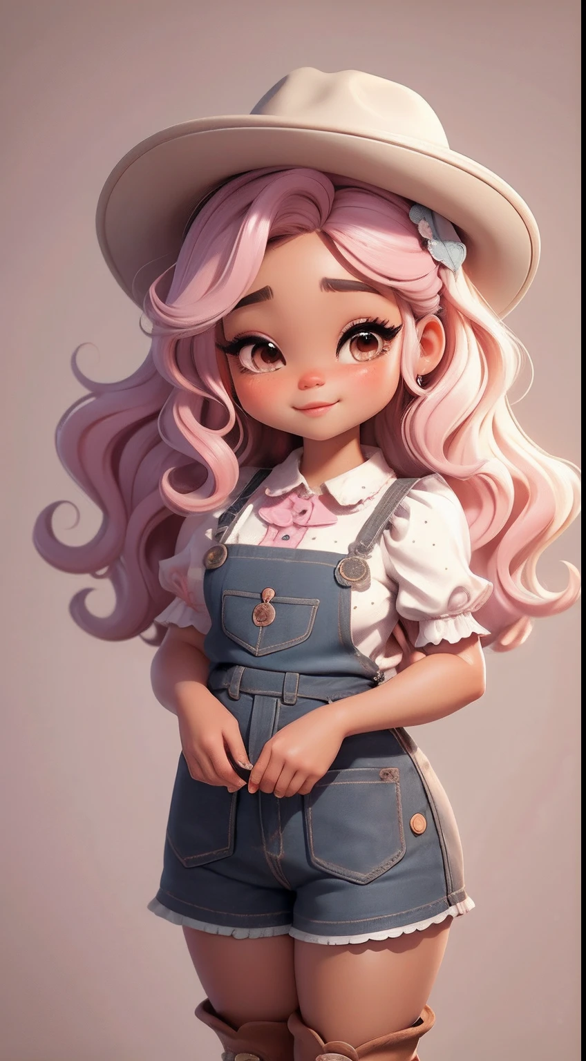 Create a series of dolls afro black skin chibi style cute baby with a cute cowgirl theme, each with lots of detail and in an 8K resolution. All dolls should follow the same solid background pattern and be complete in the image, mostrando o (corpo inteiro, incluindo as pernas: 1.5)

Boneca cowgirl: Chame-a de Mia. She should have medium wavy mixed hair. Seus olhos devem ser grandes e curiosos, with long eyelashes and slightly pinkish cheeks. Mia should be dressed in a delicate jumpsuit, cowboy boot and a polka dot blouse and a cowboy hat is cute. She must hold farm accessories. Add details like pockets and ruffles to the apron to make it even more charming, sapato bonito

Certifique-se de adicionar sombras, texturas e detalhes nos cabelos, roupas, Cute cowboy utensils, to make them even more adorable and charming.