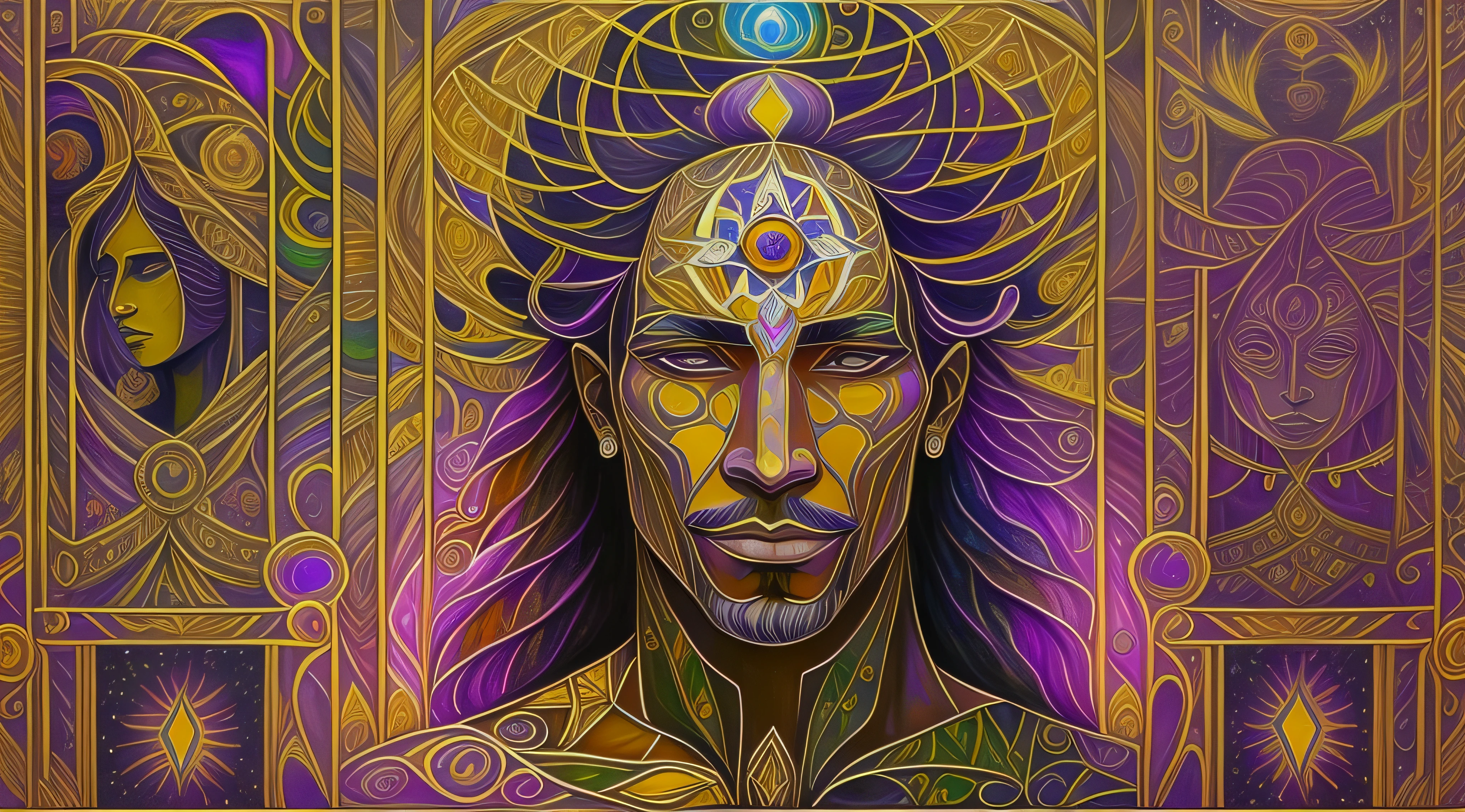 a painting of a man with a head full of gold and purple, art deco shaman, portrait of a digital shaman, digital visionary art, deus rei da arte ai, visionary art style, dmt ego da morte, psychedelic organic cyborg, simetria!! Retrato de Ciborgue, epic shamanic dmt art, ( ( deus rei da arte ai ) ), dmt deus