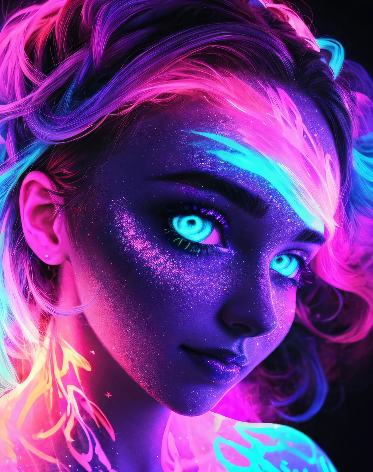 Blacklight at a girls face , close up ,vibrant colors , glowing eyes , beautiful face ,very beautiful , artistic glowing smoke blended with the hair