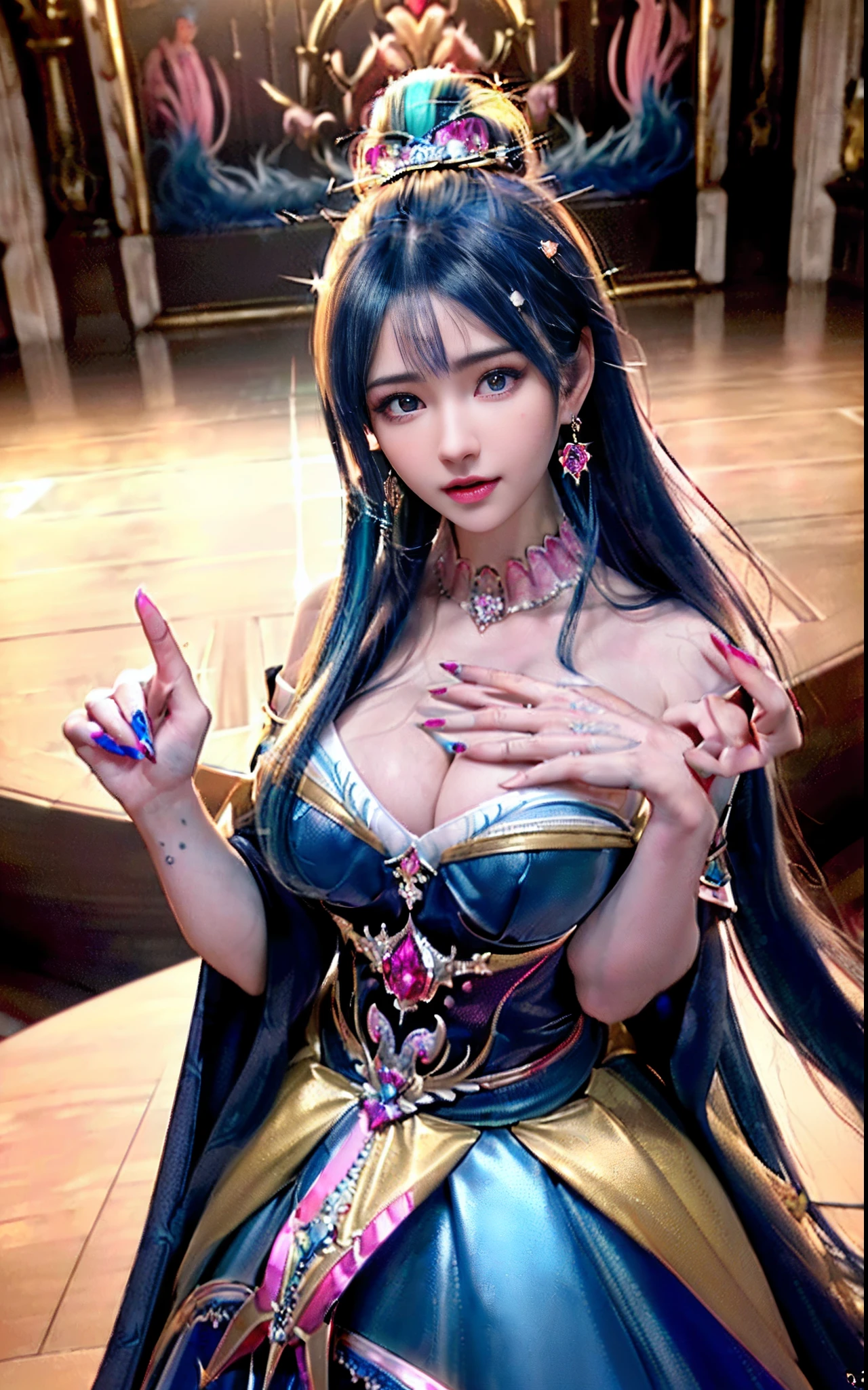 ((realisticity: 1.2)), ((realistic: 8K UHD)), ((best resolution: 8K UHD)), hyper detailed, best quality,masterpiece,highres,cg, ((1 girl hyper detailed and hyper realistic) ) , ((beautiful queen, hyper realistic and hyper detailed)),((white skin, beautiful, smooth, youthful, hyper realistic and hyper detailed )), ((Face hyper beautiful, white, hyper realistic and hyper detailed ) ), long hair, ((hyper realistic and hyper detailed dress)), solo, ((hyper realistic, hyper beautiful, beautiful and hyper detailed jewelry)), ((hyper beautiful deep red and golden yellow dress, hyper realistic and hyper detailed )) , ((Her pretty, hyper realistic, hyper detailed diamond filled earrings)), ((Her gorgeous diamond haircut, hyper realistic and hyper detailed)), ((hyper pretty upper body, hyper beautiful, hyper realistic and hyper detailed) ), ((medium breast: 1.1)), ((hyper realistic, hyper pretty, hyper detailed boobs)), ((the backgroun of the royal palace is hyper majestic, hyper realistic and hyper detailed)),((hands and palms hyper beautiful, hyper detailed, hyper realistic)), ((hyper detailed and hyper realistic fingers and fingernails)), ((hyper pretty fingernails, hyper vivid, hyper detailed, hyper realistic)), ((thumb, index finger, middle finger, ring finger, little finger hyper vivid, hyper pretty, hyper detailed, hyper realistic)), ((hyper beautiful fingers, hyper detailed, and hyper realistic)), ((posture not too fat and not too thin, hyper realistic, hyper detail)), ((hyper pretty, hyper pretty, hyper realistic and hyper detailed hair bun)), ((hyper pretty , hyper realistic and hyper detailed blue hair)), candid, Photo, high resolution, 8k , bokeh,