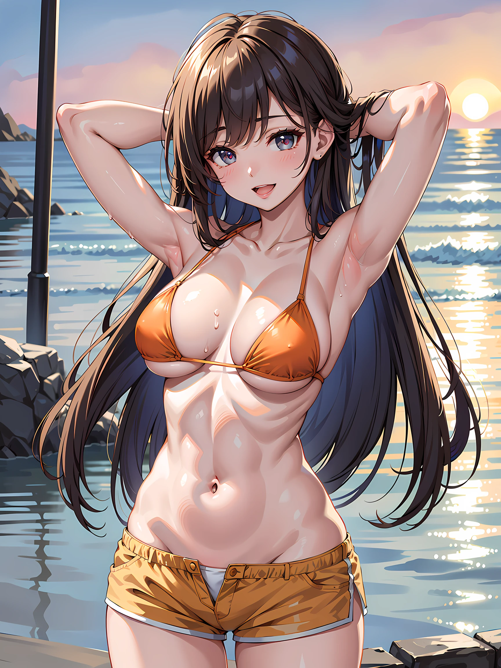 (1girl:1.3, solo), (Masterpiece, best quality, photorealistic, highres, photography, :1.3), ultra-detailed, sharp focus, professional photo, commercial photo, (upper body:1.3), (standing at blue ocean:1.3, in water:1.3), (((starring at the viewer:1.5))), (armpit focus, arms up, arms behind on head), BREAK, 1girl, solo, milf, European girl, hot model, (attractive model:1.37), (promotional model:1.2), highly detailed eyes and pupils, realistic skin, (attractive body, large breast:1.25, thin waist:1.15), thin hair, single braid hair, mahogany hair, extremely detailed hair, delicate sexy face, sensual gaze, shiny lips, BREAK, (orange bikini:1.3), (shorts:1.3), detailed clothes, BREAK, (outdoor, South California beach background, blurry background:1.25, simple background, no-human background, detailed background), (under sunset:1.37), BREAK, (attractive posing), ((realistic, super realistic, realism, realistic detail)), perfect anatomy, perfect proportion, bokeh, depth of field, hyper sharp image, (attractive emotion, seductive smile:1.2, happy:1.2, blush:1.2, :d:1.2, :p:1.2), 4fingers and thumb, perfect human hands, wind,