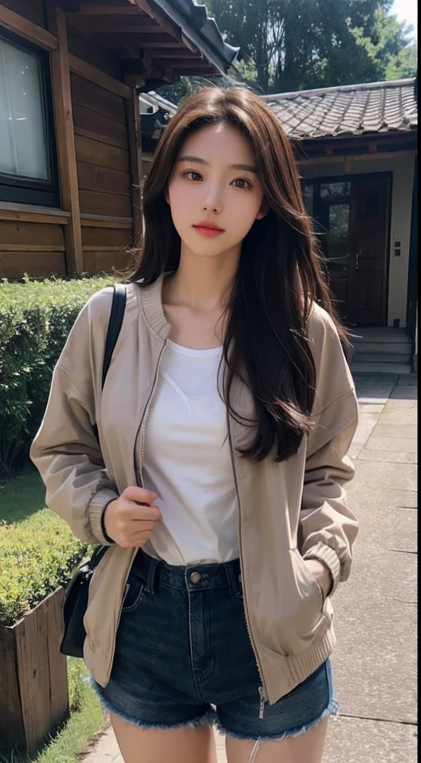 masutepiece, Best Quality, Ultra-detailed, Realistic face, 1girl in, long brown hair, Wearing a jacket, Shorts、outside of house、