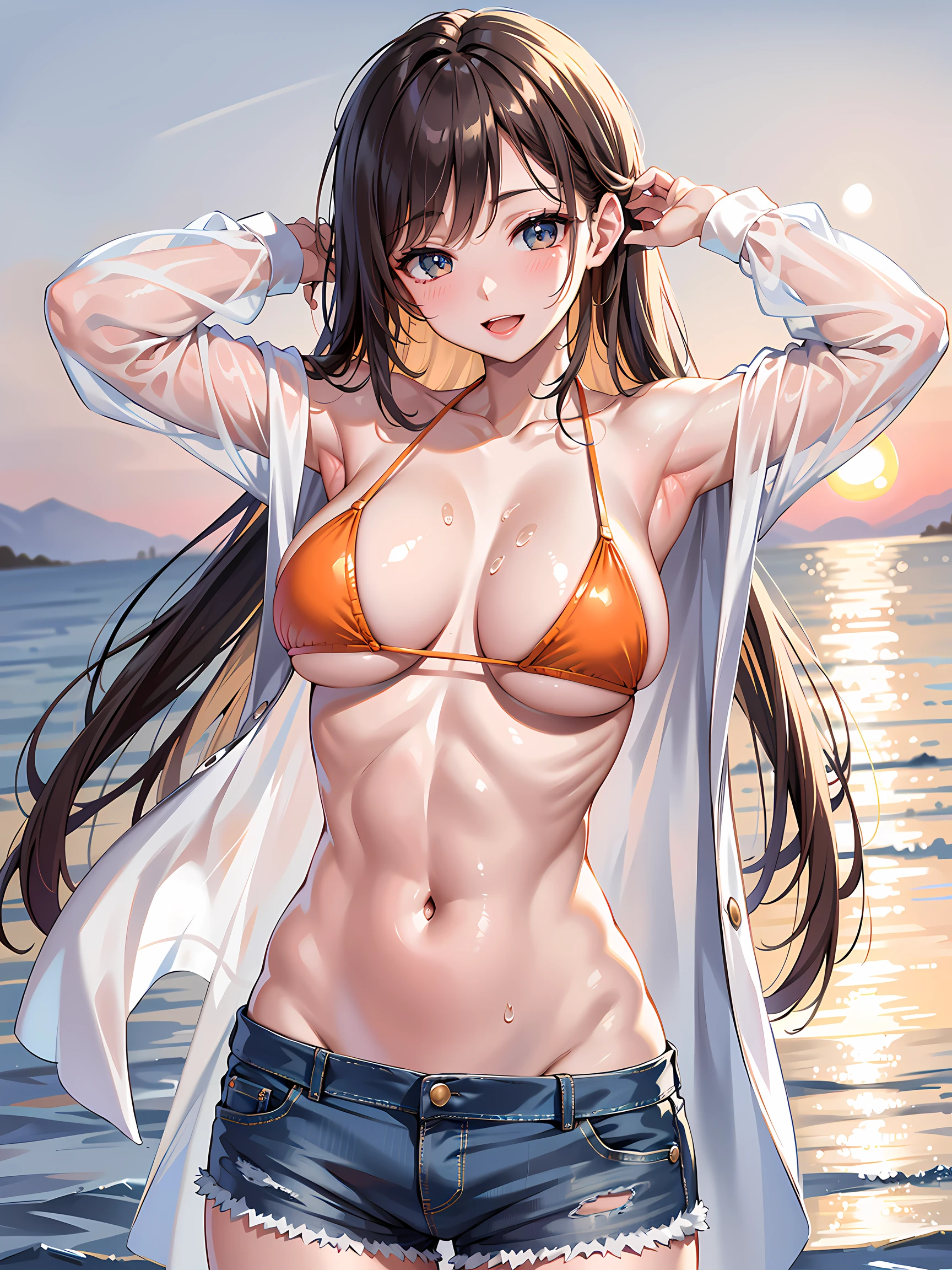 (1girl:1.3, solo), (Masterpiece, best quality, photorealistic, highres, photography, :1.3), ultra-detailed, sharp focus, professional photo, commercial photo, (upper body:1.3), (standing at blue ocean:1.3, in water:1.3), (((starring at the viewer:1.5))), (armpit focus, arms up, arms behind on head), BREAK, 1girl, solo, milf, European girl, hot model, (attractive model:1.37), (promotional model:1.2), highly detailed eyes and pupils, realistic skin, (attractive body, large breast:1.25, thin waist:1.15), thin hair, single braid hair, mahogany hair, extremely detailed hair, delicate sexy face, sensual gaze, shiny lips, BREAK, (orange bikini:1.3), (shorts:1.3), detailed clothes, BREAK, (outdoor, South California beach background, blurry background:1.25, simple background, no-human background, detailed background), (under sunset:1.37), BREAK, (attractive posing), ((realistic, super realistic, realism, realistic detail)), perfect anatomy, perfect proportion, bokeh, depth of field, hyper sharp image, (attractive emotion, seductive smile:1.2, happy:1.2, blush:1.2, :d:1.2, :p:1.2), 4fingers and thumb, perfect human hands, wind,