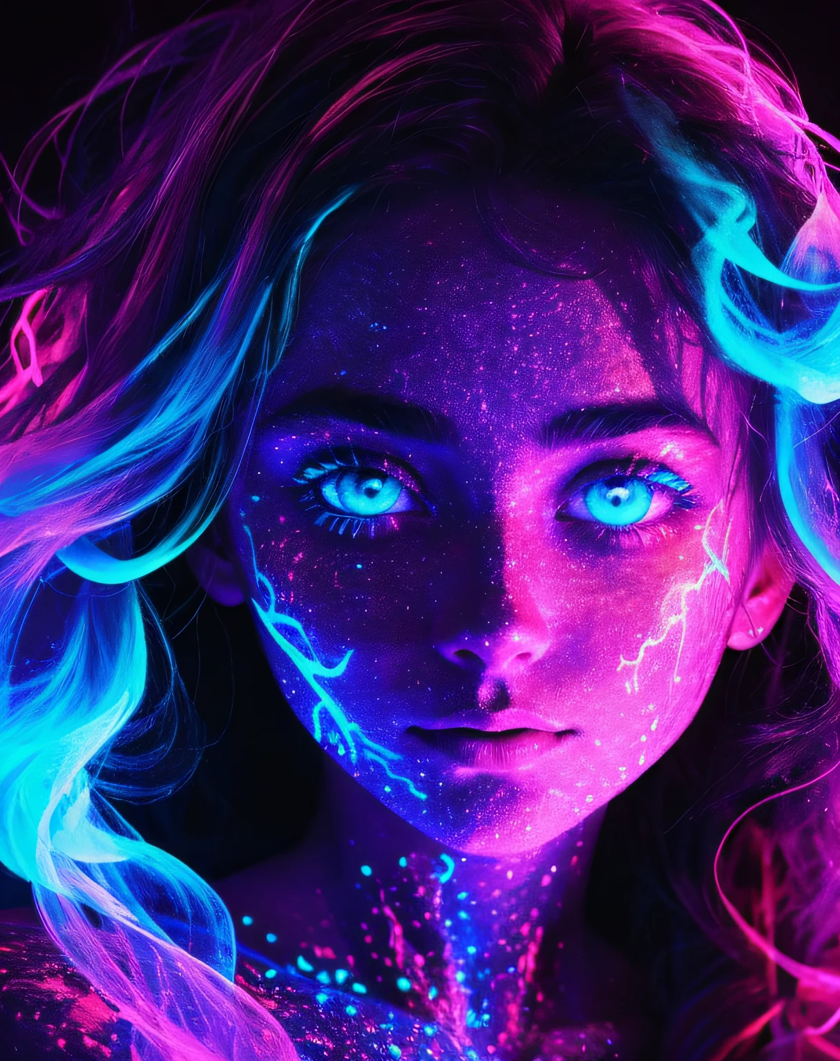 Blacklight at a girls face and body , close up ,starring at the camera ,colorful , glowing eyes , beautiful face ,very beautiful , artistic glowing smoke blended with the hair