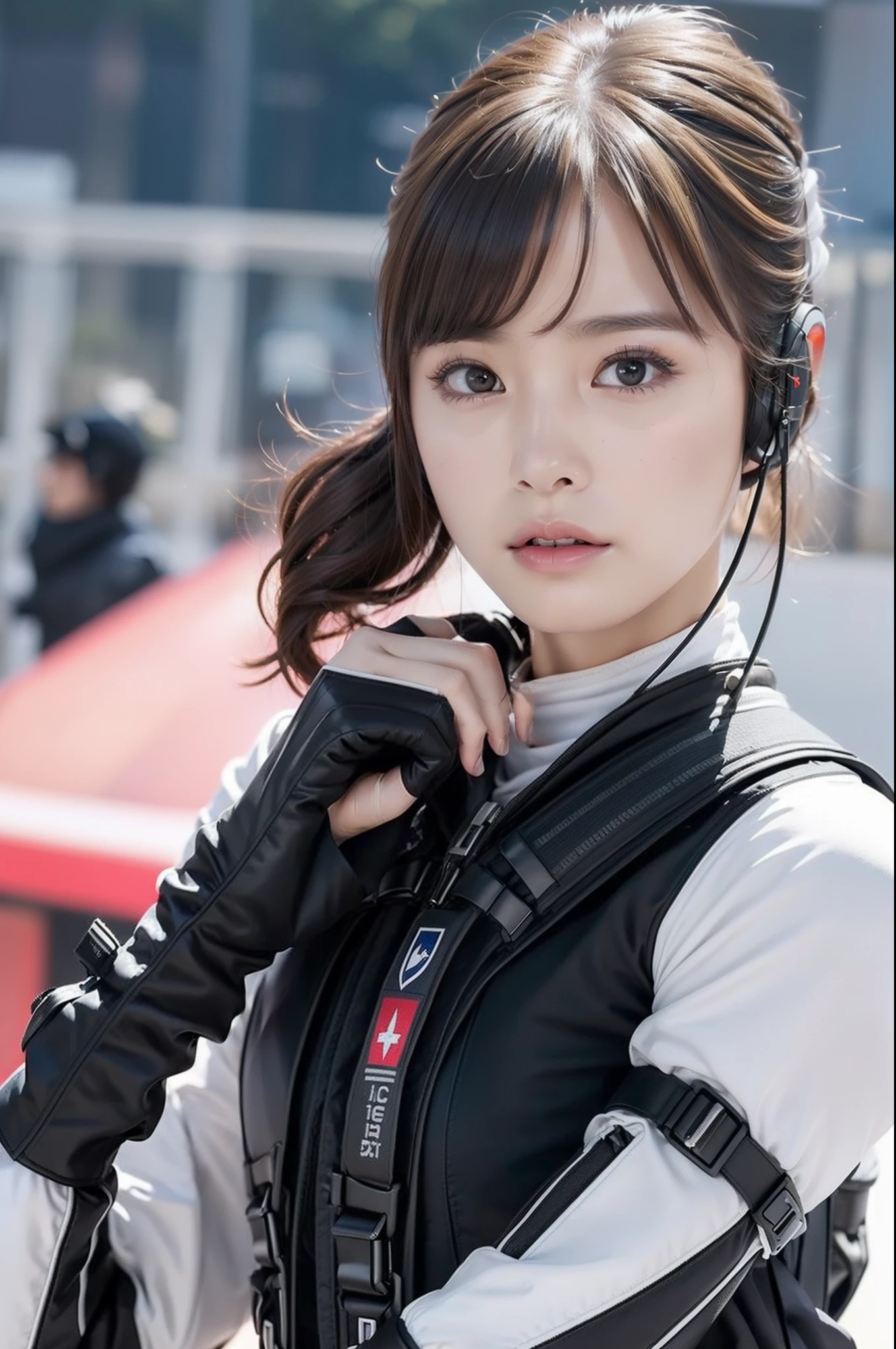 Top Quality, Ultra High Definition, (Photorealistic: 1.4), (close up:1.6, focus on face), 1 Beautiful Girl, (Kpop Idol), Detailed Face, (Hair Color Pink:1, fullbang, updo-style:1), Contrapposto, Perfect Anatomy, Smooth Skin, Professional Lighting, ((wearing Futuristic Police Racing Suits, police wappen, High-tech Headset, military harness, police wappen, racing gloves, machinegun)), ("POLICE", Cloths colors based on silver pink black white), (background, crashed cars, fire, (Explosion)),