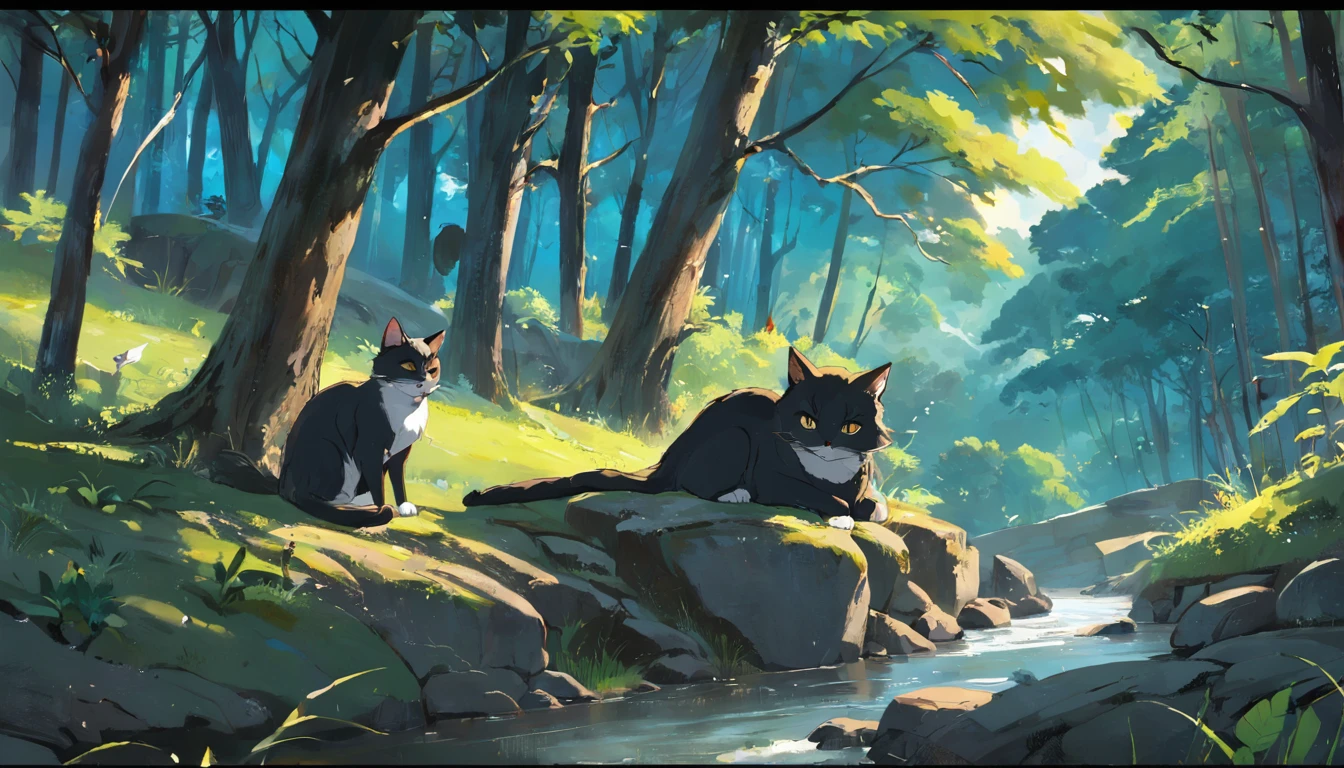 "A masterpiece of picture scrolls，Painted style，In the middle of a dense forest，There is a cat sketching quietly，Birds flying around，Lush trees mingle with each other，The tone of the picture is dark and serious，The proportion of people in the painting is 20%，Brush sketches of the scene details，The painting hangs from a tree branch，Views from afar。"