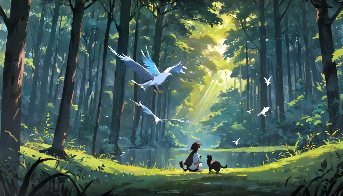 "A masterpiece of picture scrolls,Painted style,In the middle of a dense forest,There is a cat sketching quietly,Birds flying around,Lush trees mingle with each other,The tone of the picture is dark and serious,The proportion of people in the painting is 20%,Brush sketches of the scene details,The painting hangs from a tree branch,Views from afar。"