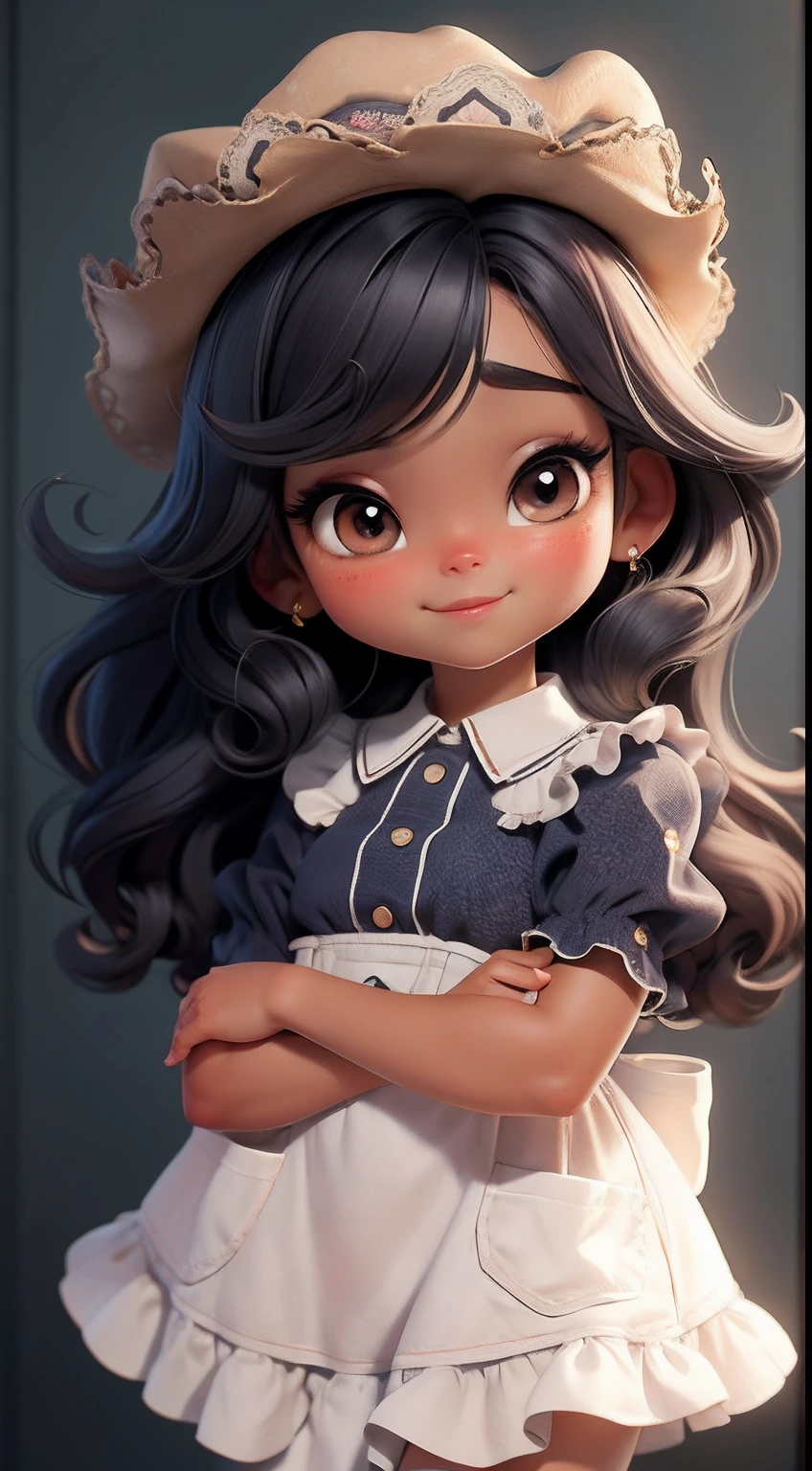 Create a series of dolls afro black skin chibi style cute baby with a cute cowgirl theme, each with lots of detail and in an 8K resolution. All dolls should follow the same solid background pattern and be complete in the image, mostrando o (corpo inteiro, incluindo as pernas: 1.5)
Boneca cowgirl: Chame-a de Mia. She should have medium wavy mixed hair. Seus olhos devem ser grandes e curiosos, with long eyelashes and slightly pinkish cheeks. Mia should be dressed in a delicate jumpsuit, cowboy boot and a polka dot blouse and a cowboy hat is cute. She must hold farm accessories. Add details like pockets and ruffles to the apron to make it even more charming, sapato bonito
Certifique-se de adicionar sombras, texturas e detalhes nos cabelos, roupas, Cute cowboy utensils, to make them even more adorable and charming.