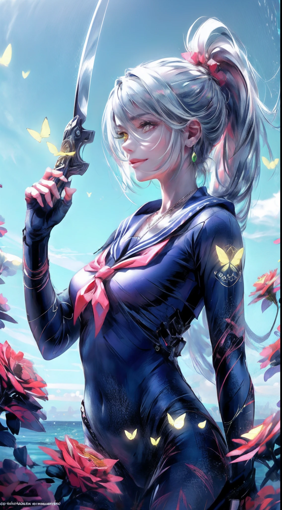 Garden covered with red roses in the background, Silver hair, front ponytail, eyes reflection, red contact lenses, Pink eyes,Heterochromia, Wear earrings, Blue crystal pendant,Evil smile, shairband,High detail, romanticism lain, Depth of field, Sparkle, Ray tracing, viewfinder, zoom layer, Close-up, Bokeh, Anatomically correct, High details, 1080p, Ultra HD
Woman,High ponytail,a sailor suit,Half out of the water,Get wet,Clothing water pattern detail,The expression is solemn,holding knives,Shiny blade detail depiction,reflective light,
Gorgeous and delicate glowing little butterfly hair ornament,brilliant colorful,Fine engraving,Shine brightly,The attention to detail,The jewelry is of high quality,Extremely high image quality