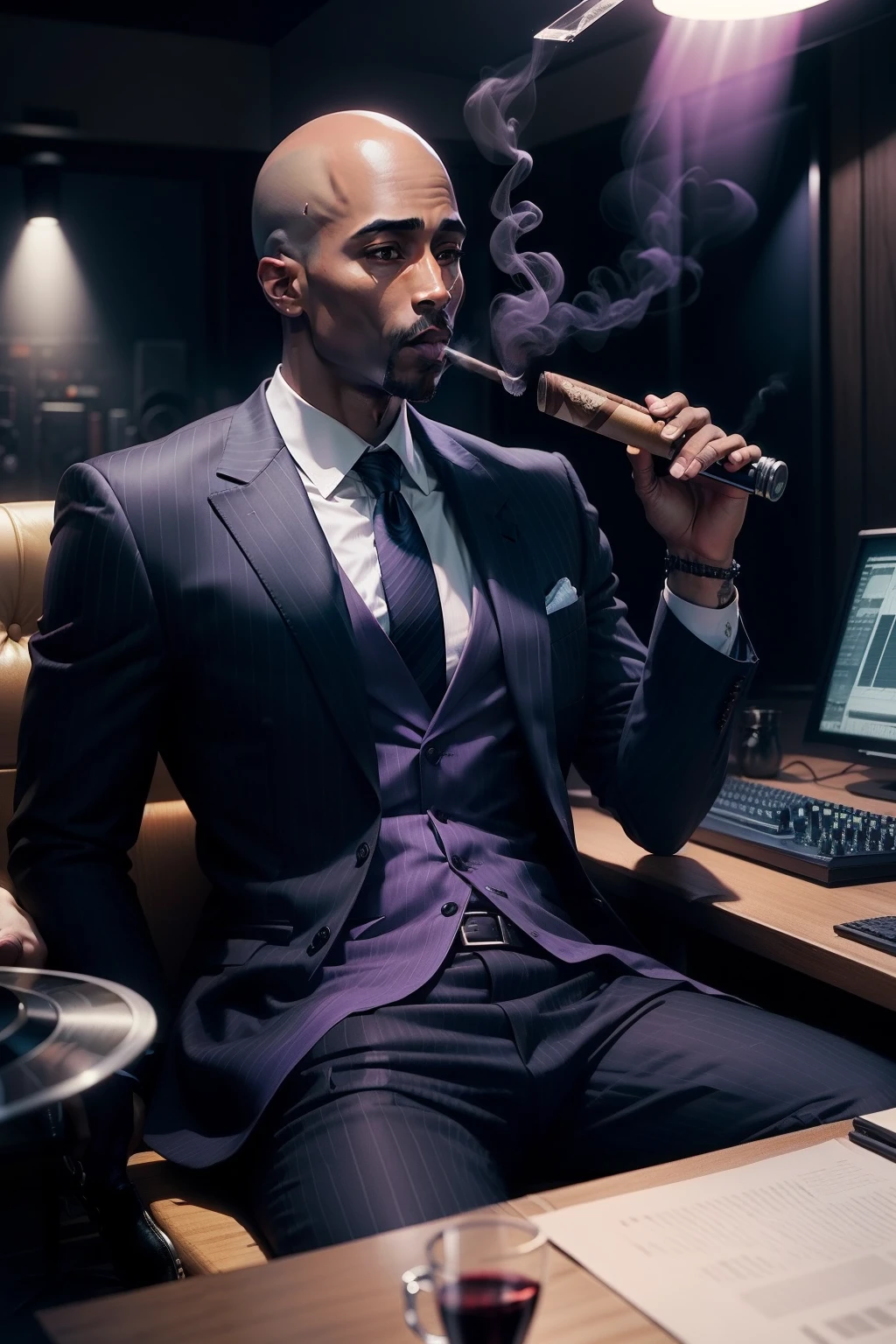 Tupac Shakur wearing black striped suit, bald head, black leather dress shoes, holding glass of wine, smoking Cuban cigar, wearing headphones, in large dark recording studio, light blue and purple neom lights