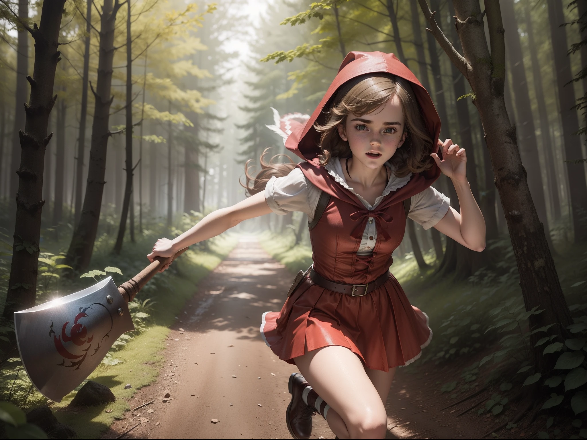 teen Emma Watson as little red riding hood waving an axe while running through the forest