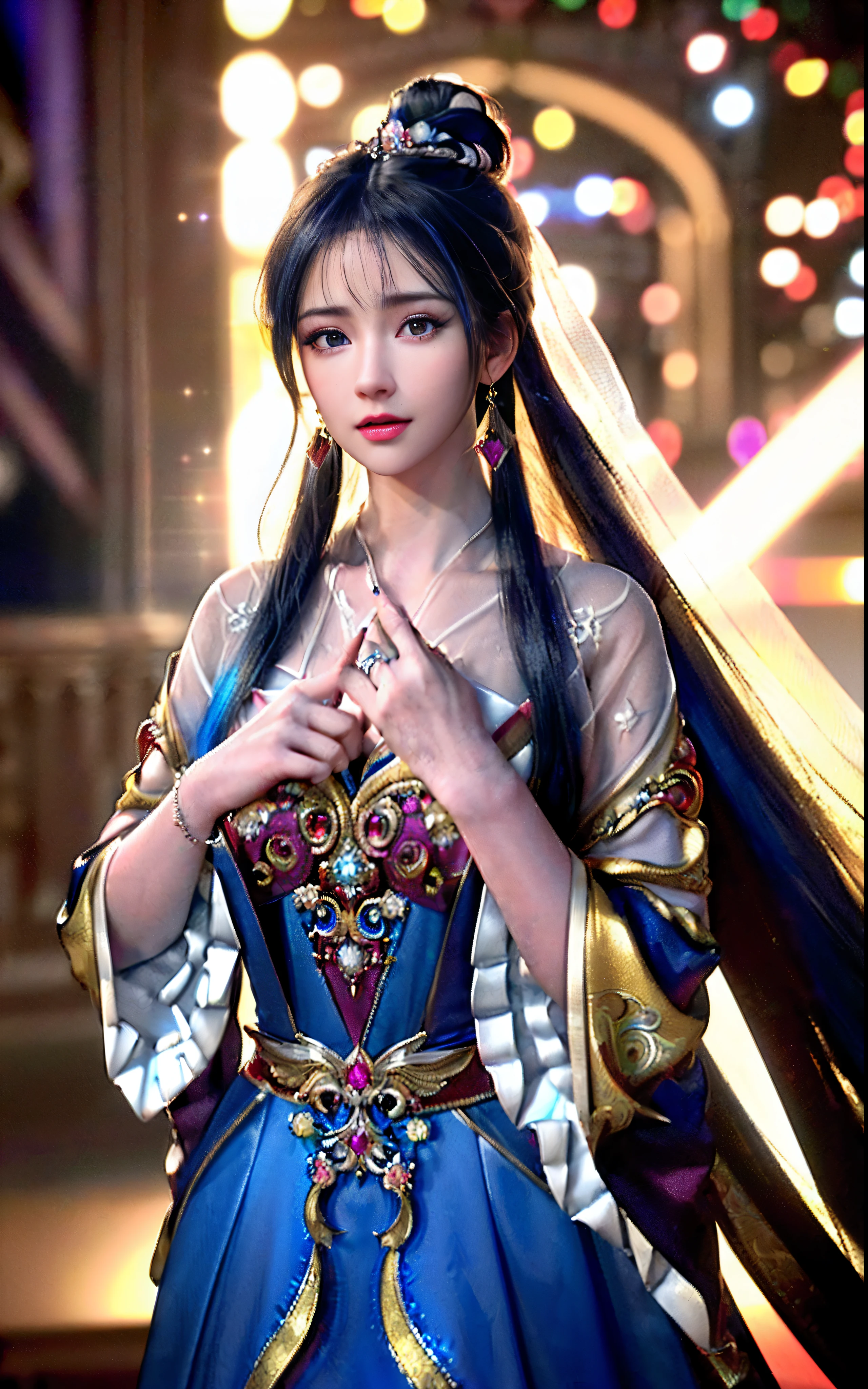 ((realisticity: 1.2)), ((realistic: 8K UHD)), ((best resolution: 8K UHD)), hyper detailed, best quality,masterpiece,highres,cg, ((1 girl hyper detailed and hyper realistic) ) , ((beautiful queen, hyper realistic and hyper detailed)),((white skin, beautiful, smooth, youthful, hyper realistic and hyper detailed )), ((Face hyper beautiful, white, hyper realistic and hyper detailed ) ), long hair, ((hyper realistic and hyper detailed dress)), solo, ((hyper realistic, hyper beautiful, beautiful and hyper detailed jewelry)), ((hyper beautiful deep red and golden yellow dress, hyper realistic and hyper detailed )) , ((Her pretty, hyper realistic, hyper detailed diamond filled earrings)), ((Her gorgeous diamond haircut, hyper realistic and hyper detailed)), ((hyper pretty upper body, hyper beautiful, hyper realistic and hyper detailed) ), ((medium breast: 1.1)), ((hyper realistic, hyper pretty, hyper detailed boobs)), ((the backgroun of the royal palace is hyper majestic, hyper realistic and hyper detailed)),((hands and palms hyper beautiful, hyper detailed, hyper realistic)), ((hyper detailed and hyper realistic fingers and fingernails)), ((hyper pretty fingernails, hyper vivid, hyper detailed, hyper realistic)), ((thumb, index finger, middle finger, ring finger, little finger hyper vivid, hyper pretty, hyper detailed, hyper realistic)), ((hyper beautiful fingers, hyper detailed, and hyper realistic)), ((posture not too fat and not too thin, hyper realistic, hyper detail)), ((hyper pretty, hyper pretty, hyper realistic and hyper detailed hair bun)), ((hyper pretty , hyper realistic and hyper detailed blue hair)), candid, Photo, high resolution, 8k , bokeh,