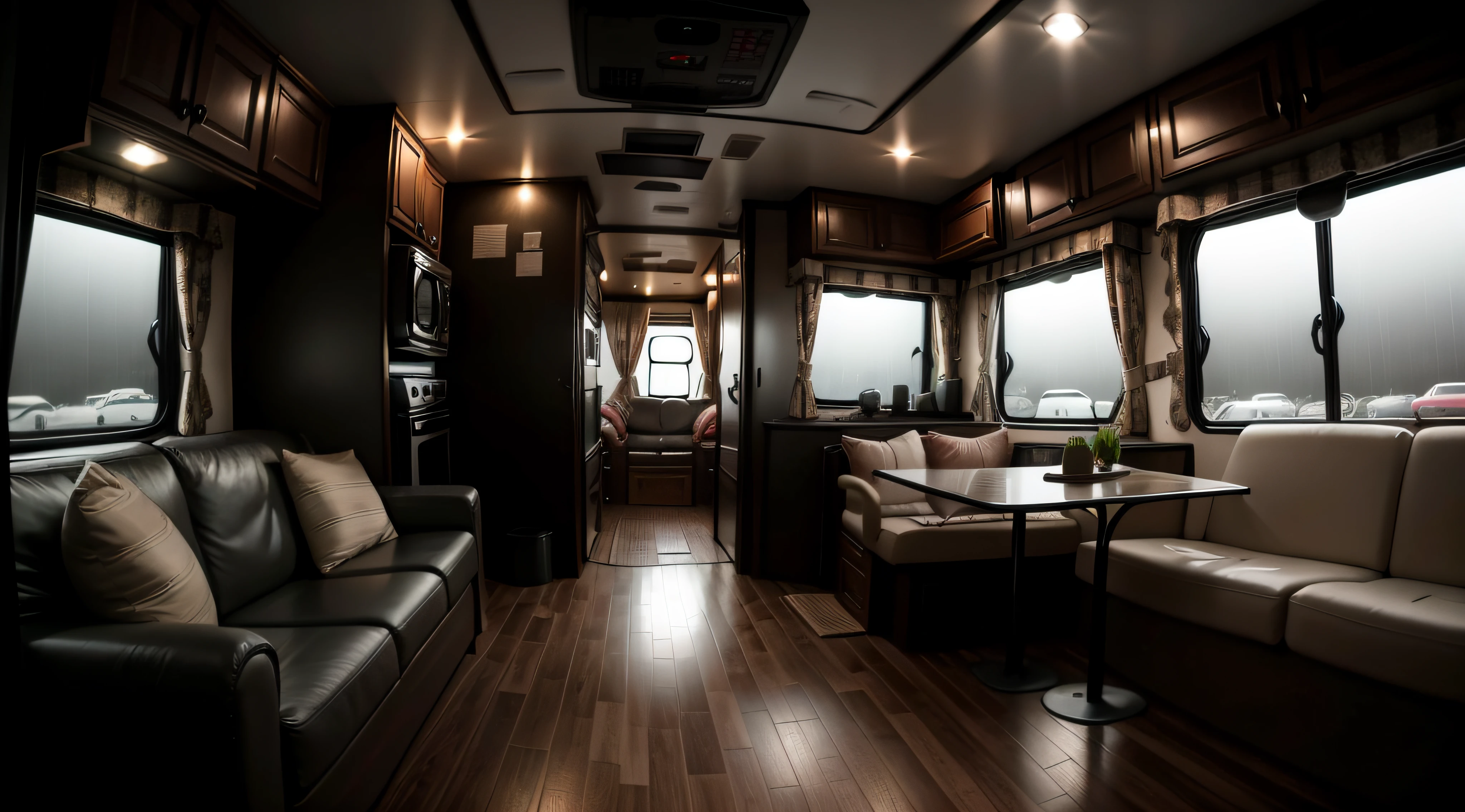 dark and mysterious atmosphere,rainy night, interior de motorhome RV