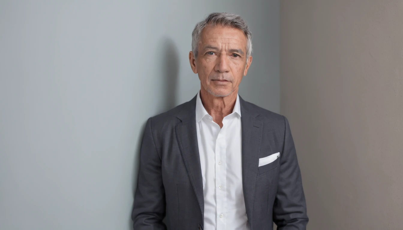 Arafed homem musculoso de 47 anos, um cara incrivelmente bonito e robusto, Pose de corpo inteiro, Standing up, (((Hands in pockets))), (((camisa branca oxford))), encaixar, white underwear, sem sapatos, (no rosto: 1.3), facial, Rosto detalhado, olhos perfeitos, Serious expression, corte de cabelo curto, Contexto deserto, detalhes intrincados, natural lighting, anatomia correta, good composition, Imagem masculina, manly, crisp and crisp, textura da pele
