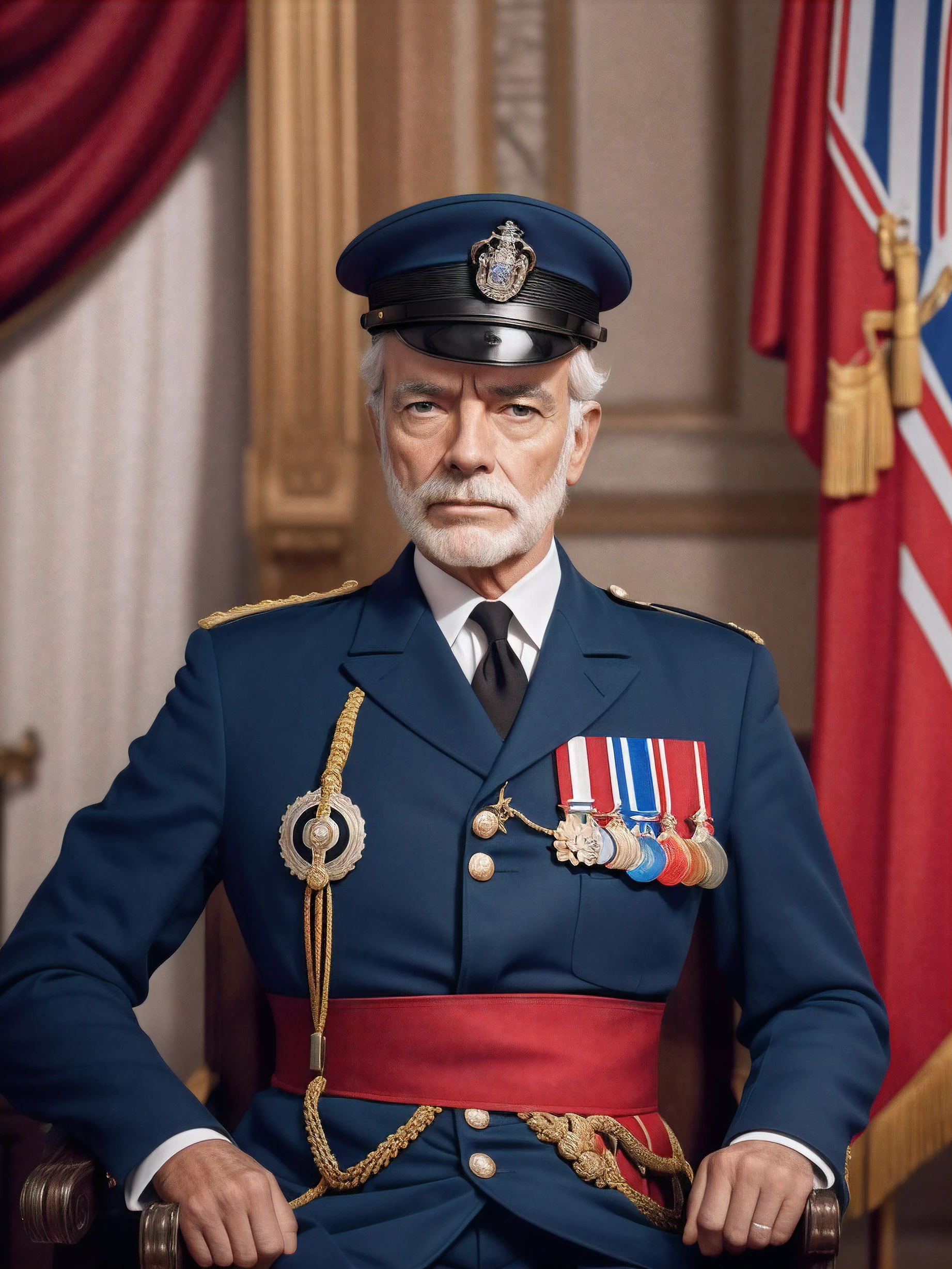 ((1Homem com 50 anos de idade)), com (Costume of the British Empire:1.2), ((rei da inlgaterra)), ((Autoretrato do rosto:1.3)), rosto realista com detalhas intrincados, com cores vivas, auto contrast, saturarão alta, in the background a castle of the twentieth century, (fotorrealista:1.5), ..cgi, UHD, 8k UHD.