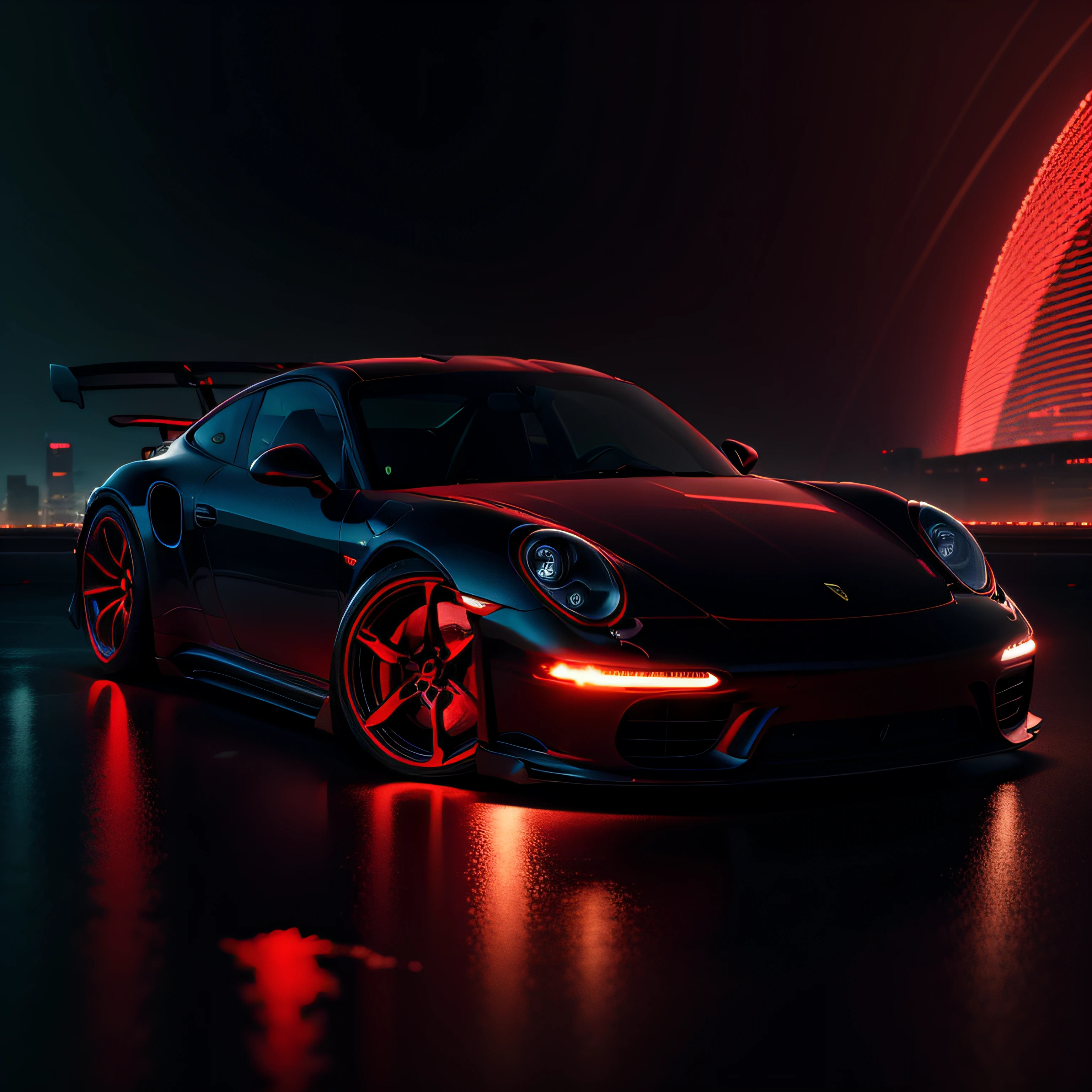 RED PORSCHE realista, disco Rigido, cyberpunk in cybercity at night, 8k