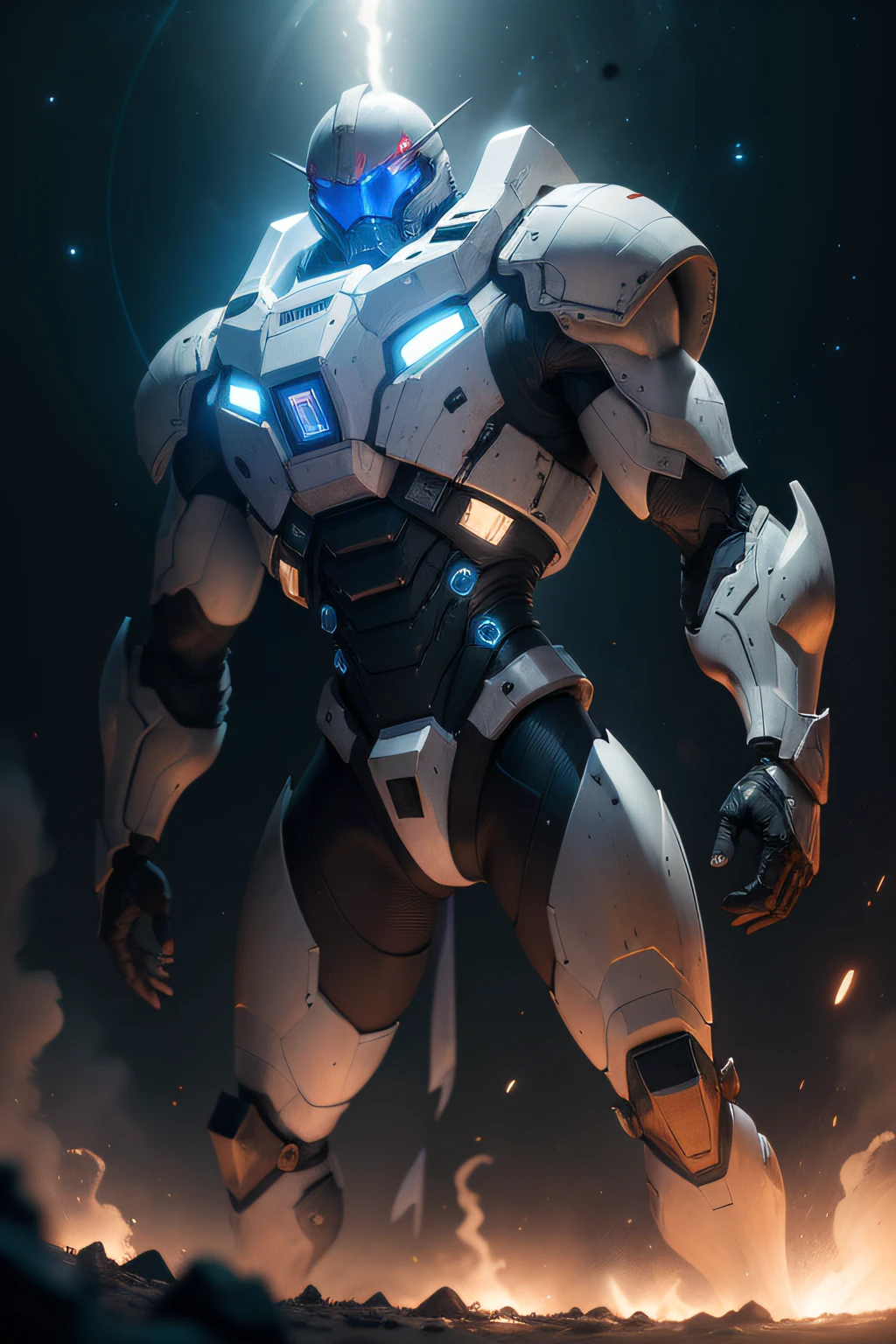 Directed by: Alejandro Burdisio, A low-angle shot of a hyper-realist, poderoso, Armored alien white-red-ochre, his cybernetic helmet glowing in the darkness of space, pernas musculosas, Hands - Claws ready to attack, contato visual, Enfrentou, muitos pequenos objetos azul-esverdeados brilhantes no fundo, Strobe BG leve