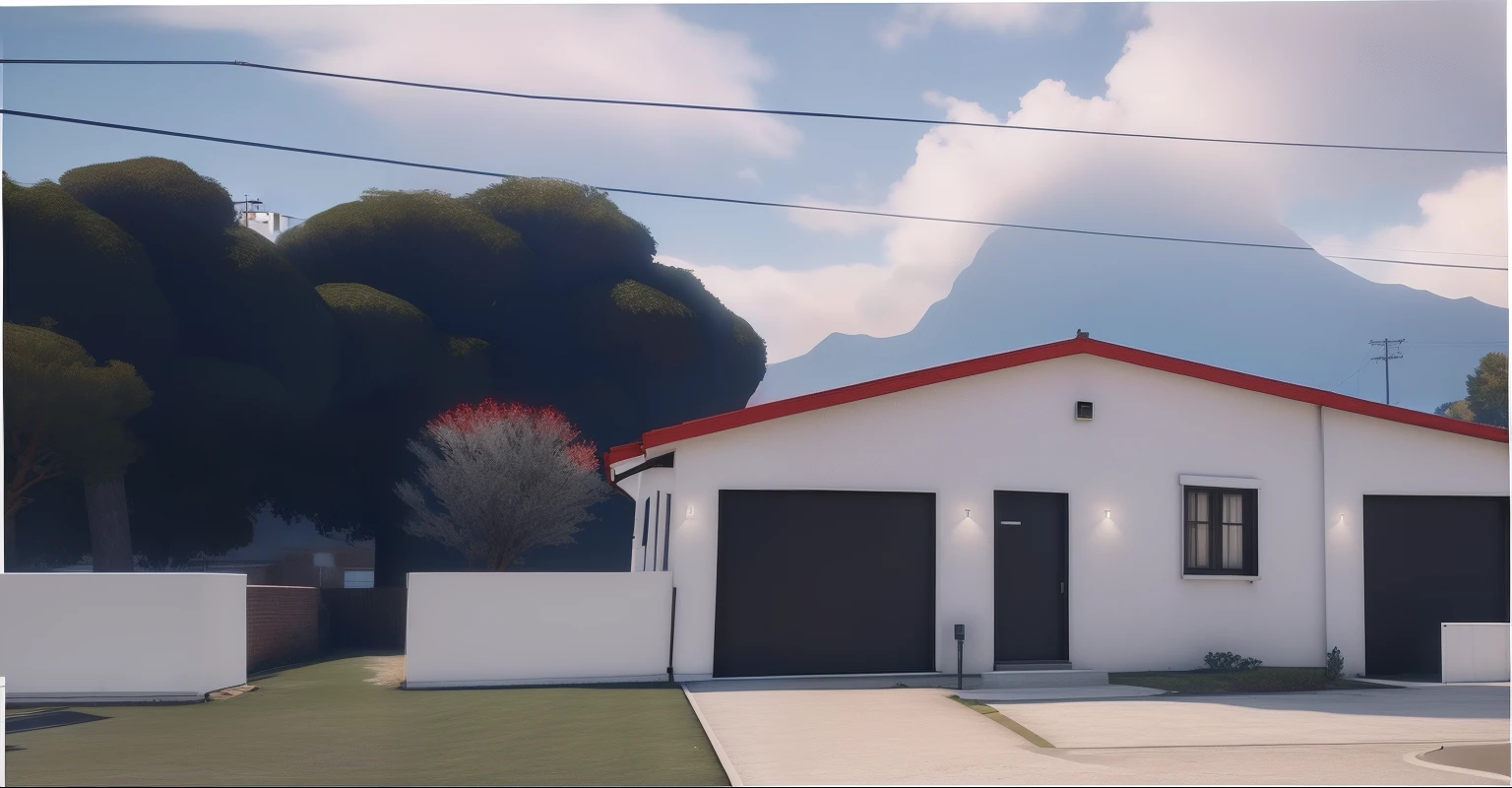 There is a white house with a red roof and a red roof, ((gta 5 casa screenshot)), renderizado no lumion pro, captura de tela fotorrealista, [ Fotorrealismo 4K ], realista estabelecendo tiro, semi-realistic rendering, renderizado em lumion, fully detailed render, em estilo de realismo simplificado, cena hiper detalhada, renderizado em unreal engine 3d