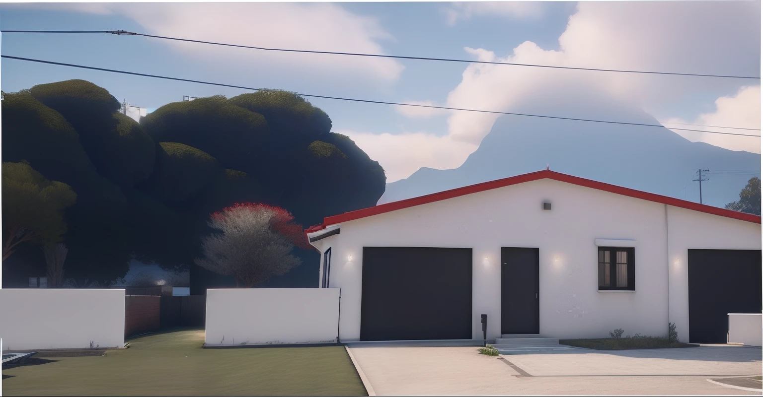 There is a white house with a red roof and a red roof, ((gta 5 casa screenshot)), renderizado no lumion pro, captura de tela fotorrealista, [ Fotorrealismo 4K ], realista estabelecendo tiro, semi-realistic rendering, renderizado em lumion, fully detailed render, em estilo de realismo simplificado, cena hiper detalhada, renderizado em unreal engine 3d