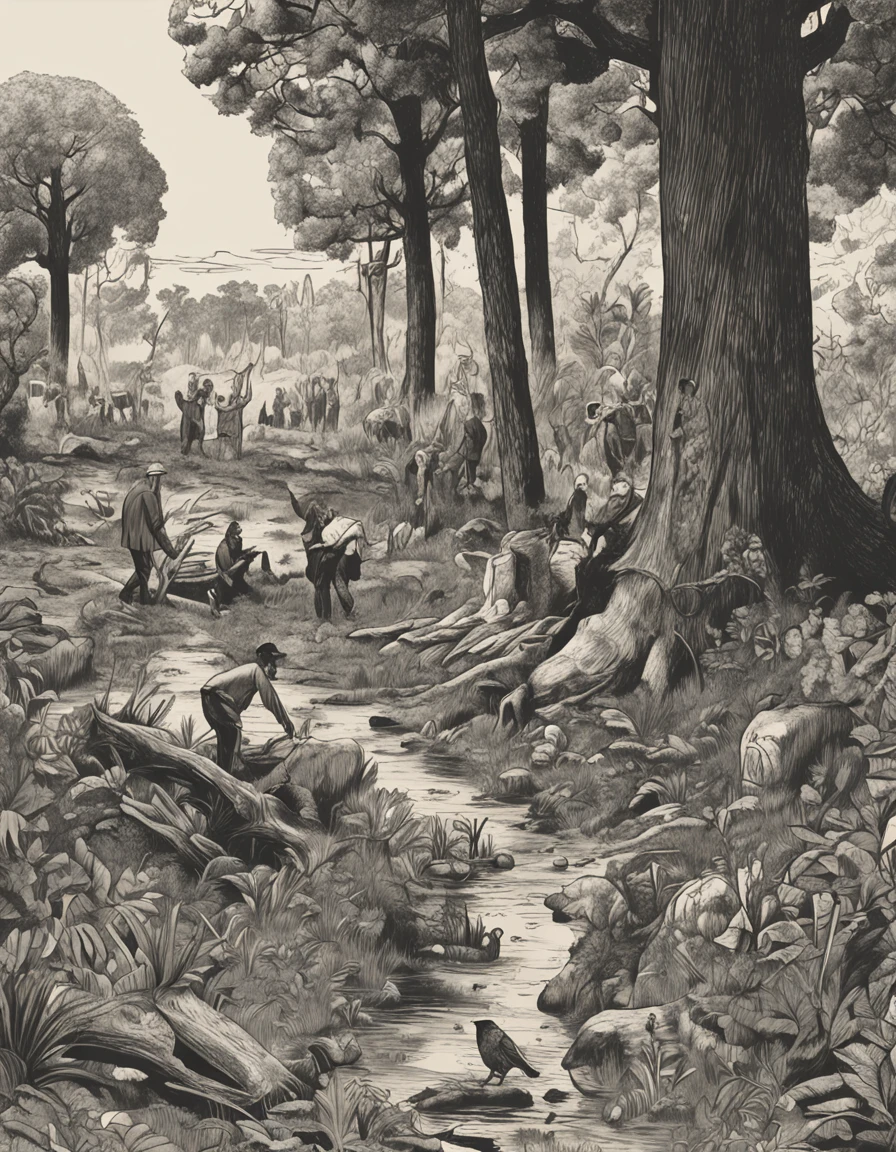 A scene showing a man painting in the forest, Surrounded by some cats,  Painted style, a lot of tree, People make up one-twentieth of the picture，Characters have lower corners in the screen, And there are a lot of paintings painted on the spot，Some hang from trees, Some lean under trees in the distance，The tone is dim，Black and white style