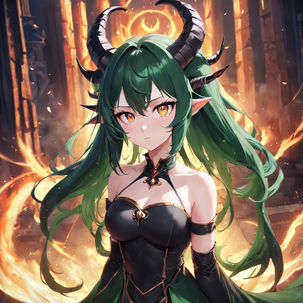 (black hair, green eyes:1.1) thicc succubus, (thigh-high fishnets:1.1), seductive expression, (beautiful detailed eyes, beautiful detailed lips), (demon horns), (voluptuous body), (dark atmosphere), (sensual pose), (soft lighting), (provocative outfit), (dark fantasy), (lush background), (high-res, 4k), (vivid colors), (dramatic lighting), (elegant curves), (sinister charm), (erotic undertones), (alluring beauty), (temptation), (exquisite details), (mythical creature), (seductive aura), (captivating gaze), (lush hair), (mysterious allure), (supernatural vibe), (sensual presence), (charismatic feminity), (enchanting silhouette), (enticing energy), (provocative ambiance), (fantasy charm), (mystical seductress), (intense charisma), (spellbinding allure), (mesmerizing figure), (bewitching elegance), (magnetic grace) wearing fur lined dress