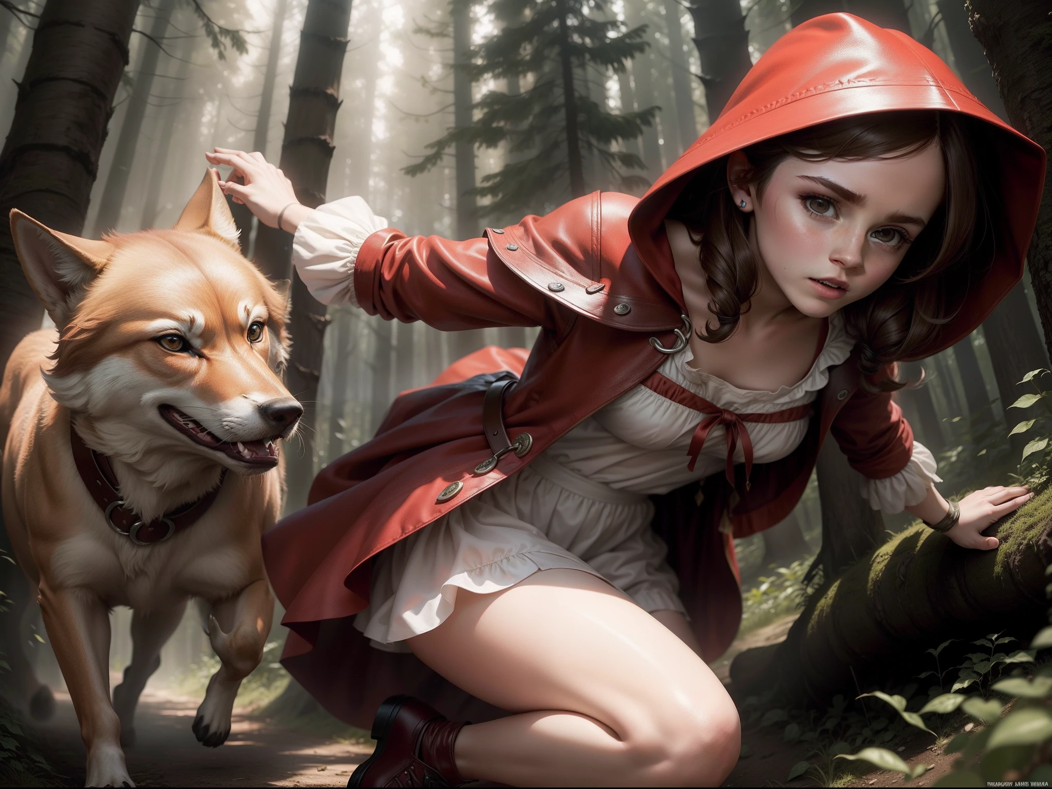 teen Emma Watson as little red riding hood running through the forest chased by a ferocious wolf