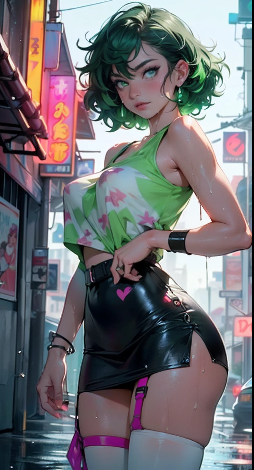 girl youtuber,(((1girl))),((extremely cute and beautiful green curly-haired girl)),
(short breasts:1.4),(((green curly hair:1.35,very curly hair,colored inner hair,ear breathing,short hair))),((green eyes:1.3,upturned eyes:1.3,perfect eyes,beautiful detailed eyes,rainbow glows ultra-detailed yellow green eyes:1.1,gradient eyes:1,finely detailed beautiful eyes:1,symmetrical eyes:1,big highlight on eyes:1.2)),((fat)),(((lustrous skin:1.5,bright skin: 1.5,skin tanned,shiny skin,very shiny skin,shiny body,plastic glitter skin,exaggerated shiny skin,illuminated skin,wet legs))),delicate detailed fingers,detailed body,human hands,(detailed face),
cute,slutty,seductive,erotic,(((nsfw))),
zettai ryouiki,revealing clothing,show skin,((rave mini-skirt,visible thong straps,white loose tank top with an popart print)),((wet clothes,detailed outfit,detailed clothes)),
(dynamic pose:1.0),embarrassed,(centered,scale to fit dimensions,Rule of thirds),
cyberpunk city by the ocean at night, with bright neon signs and dark stormy clouds and puddles,
High resolution, sharp focus, (ultra detailed, extremely detailed), (photorealistic artwork:1.37), 8k wallpaper,((synthwave background theme)),((vibrant colors)),(intricate),masterpiece,(best quality),